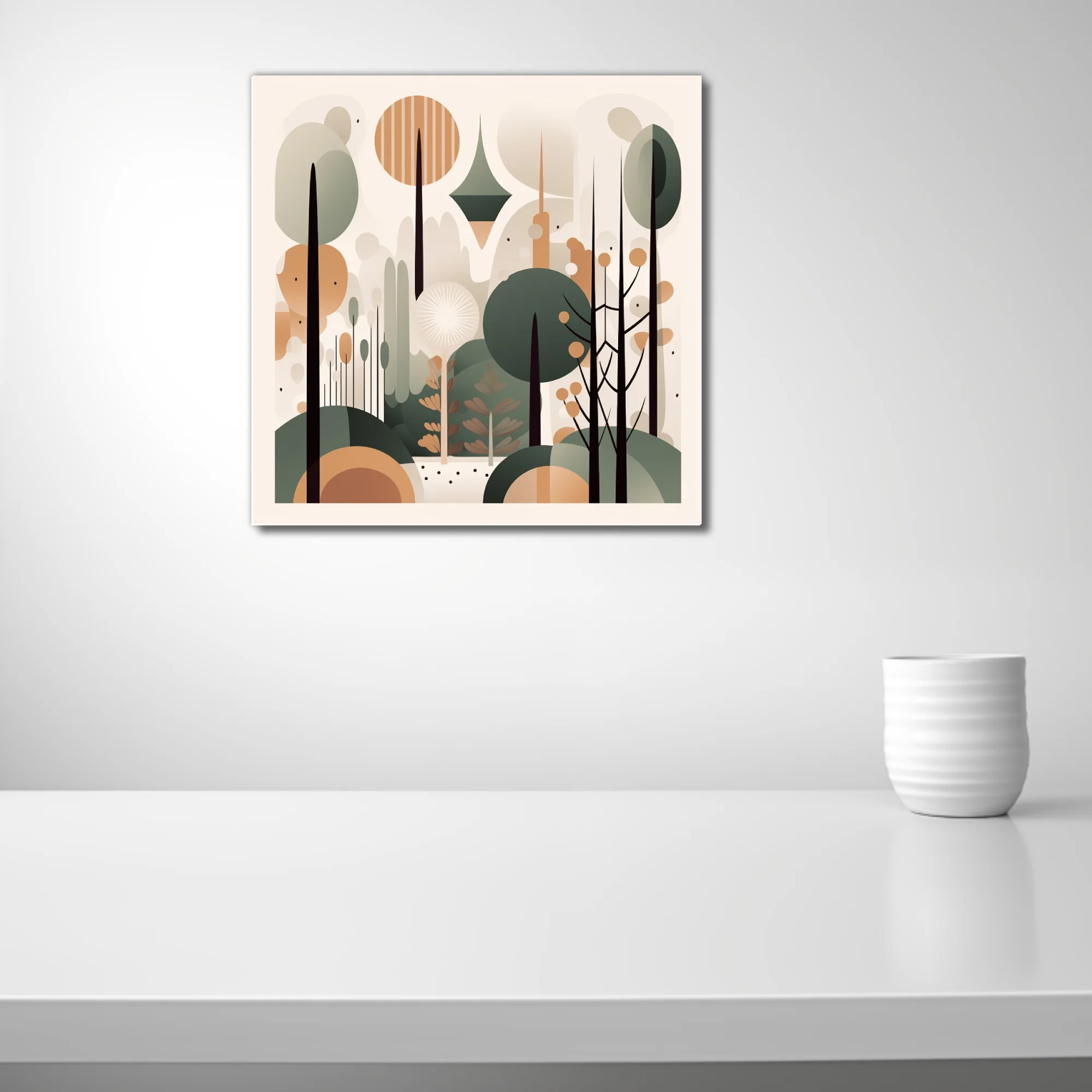 Mid-century modern abstract forest illustration in sage green, terracotta and cream tones