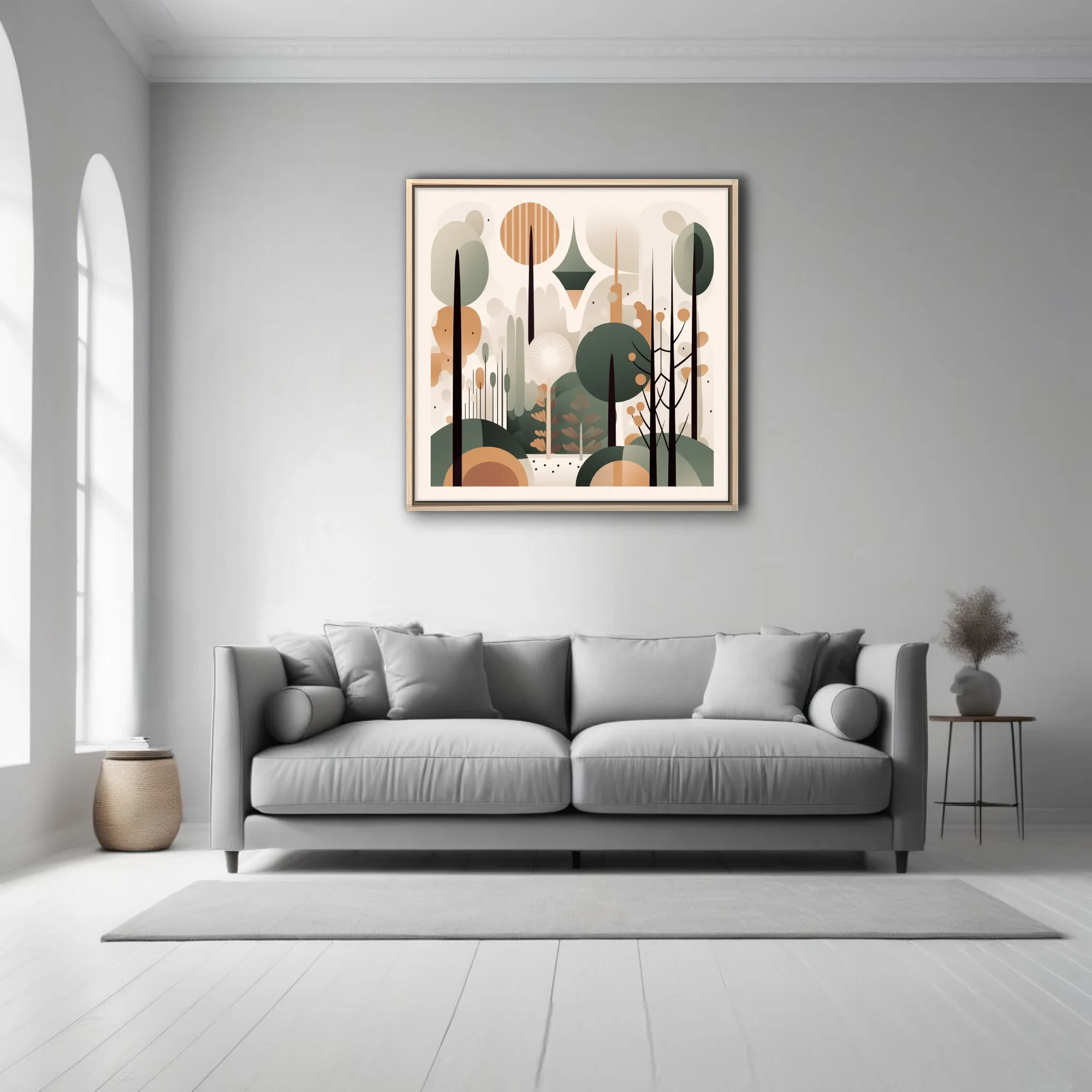 Mid-century modern abstract forest illustration in sage green, terracotta and cream tones