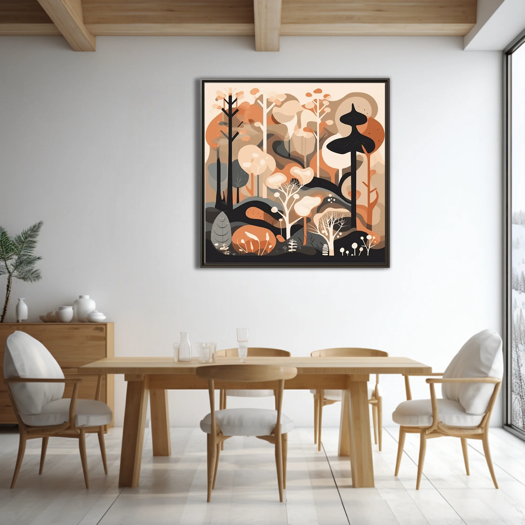 Mid-century modern abstract woodland illustration in warm terracotta and cream tones