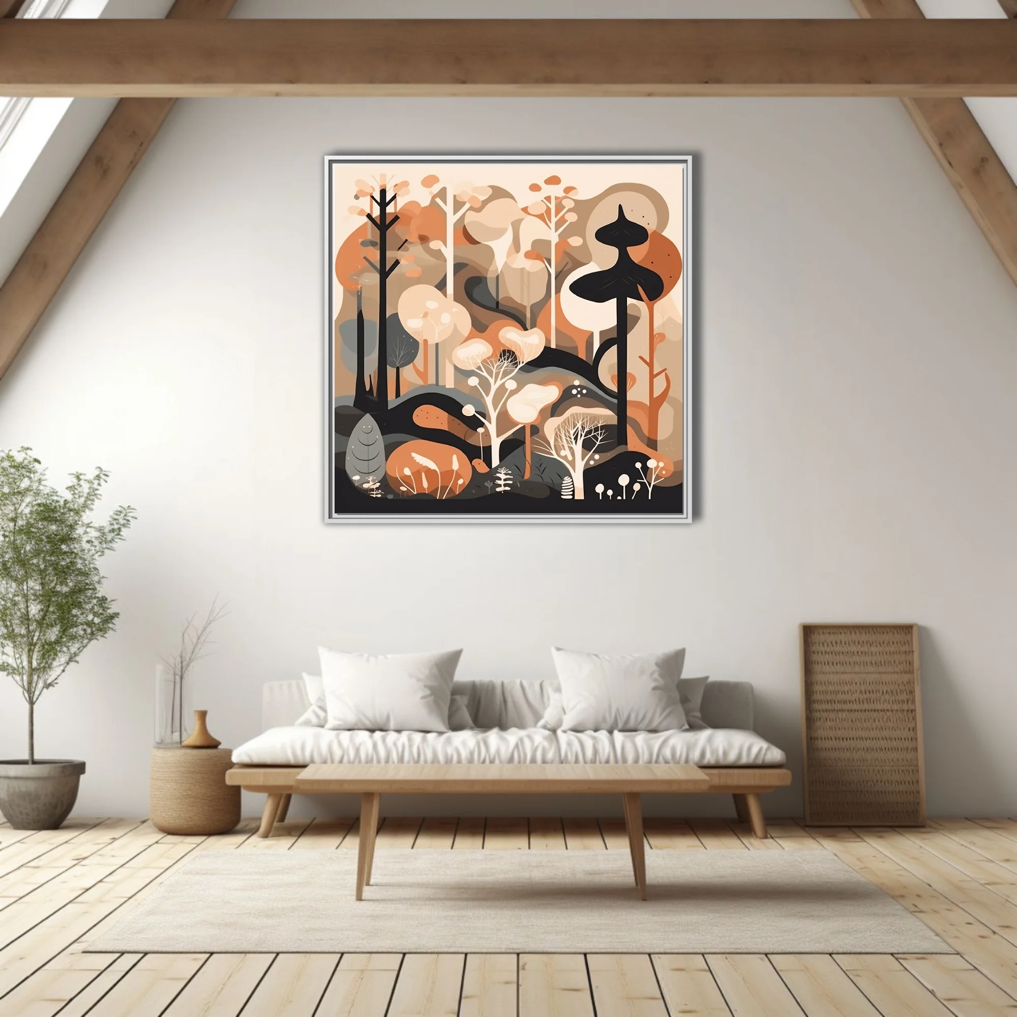 Mid-century modern abstract woodland illustration in warm terracotta and cream tones