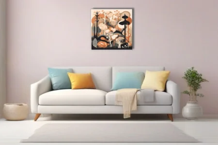 Mid-century modern abstract woodland illustration in warm terracotta and cream tones