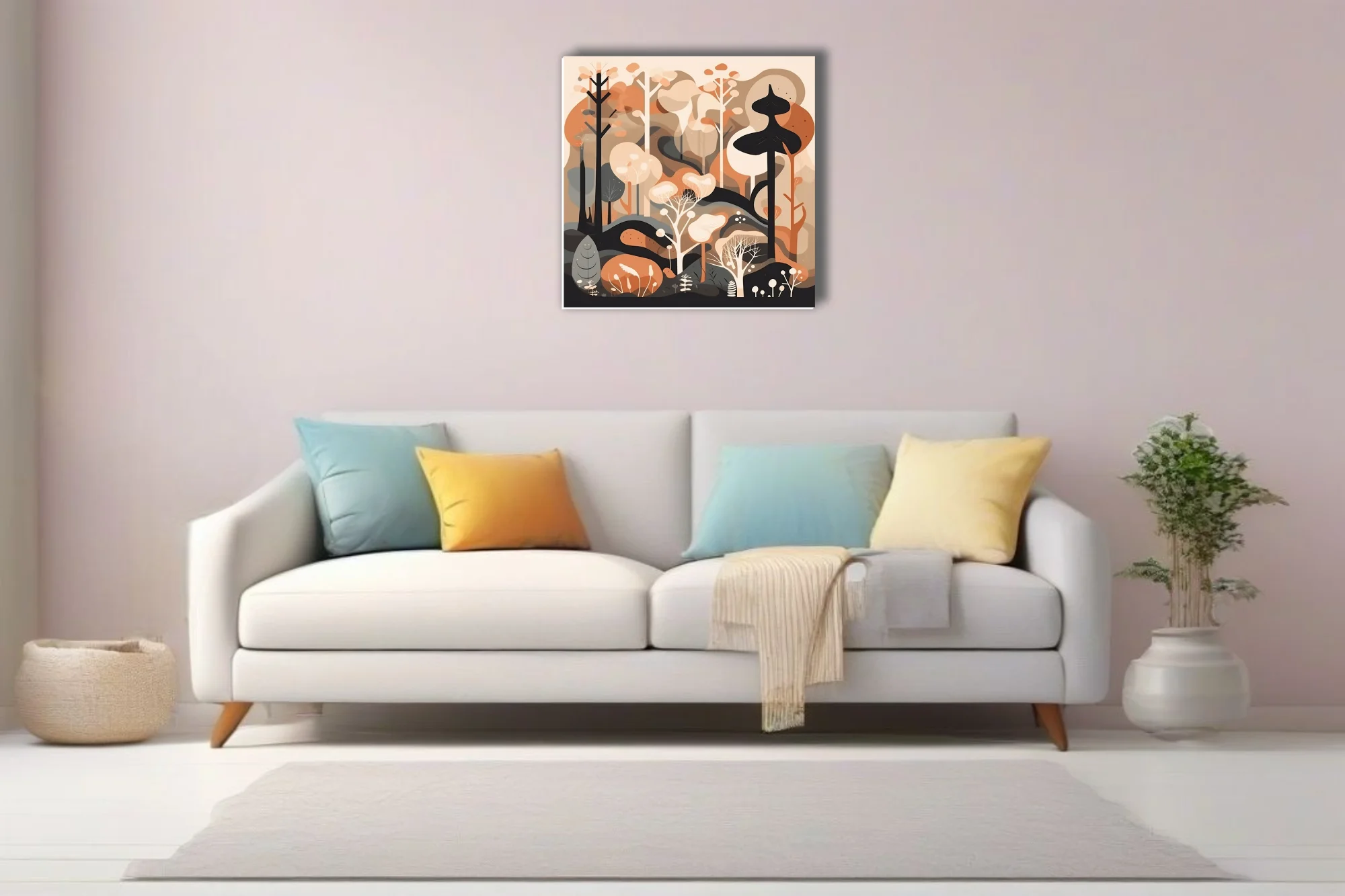 Mid-century modern abstract woodland illustration in warm terracotta and cream tones