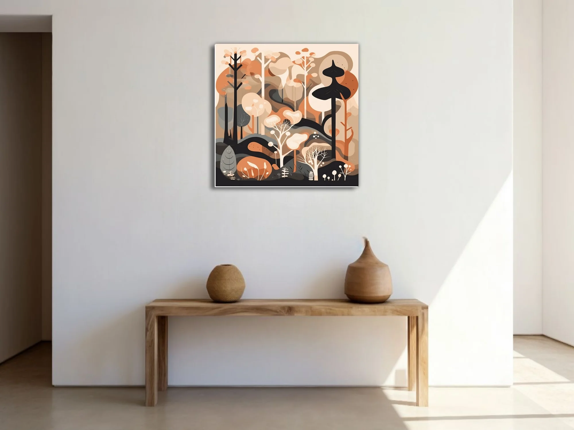Mid-century modern abstract woodland illustration in warm terracotta and cream tones