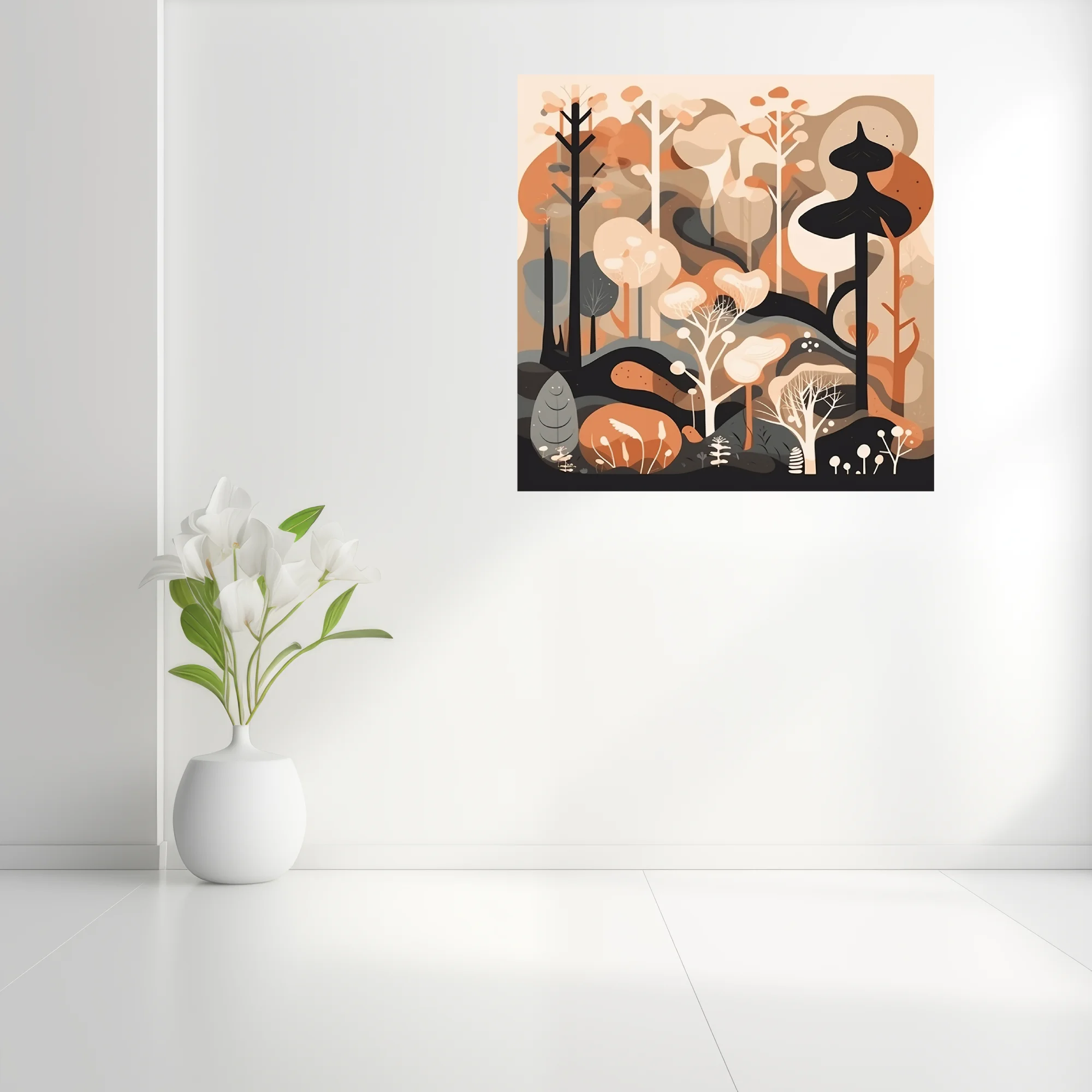 Mid-century modern abstract woodland illustration in warm terracotta and cream tones