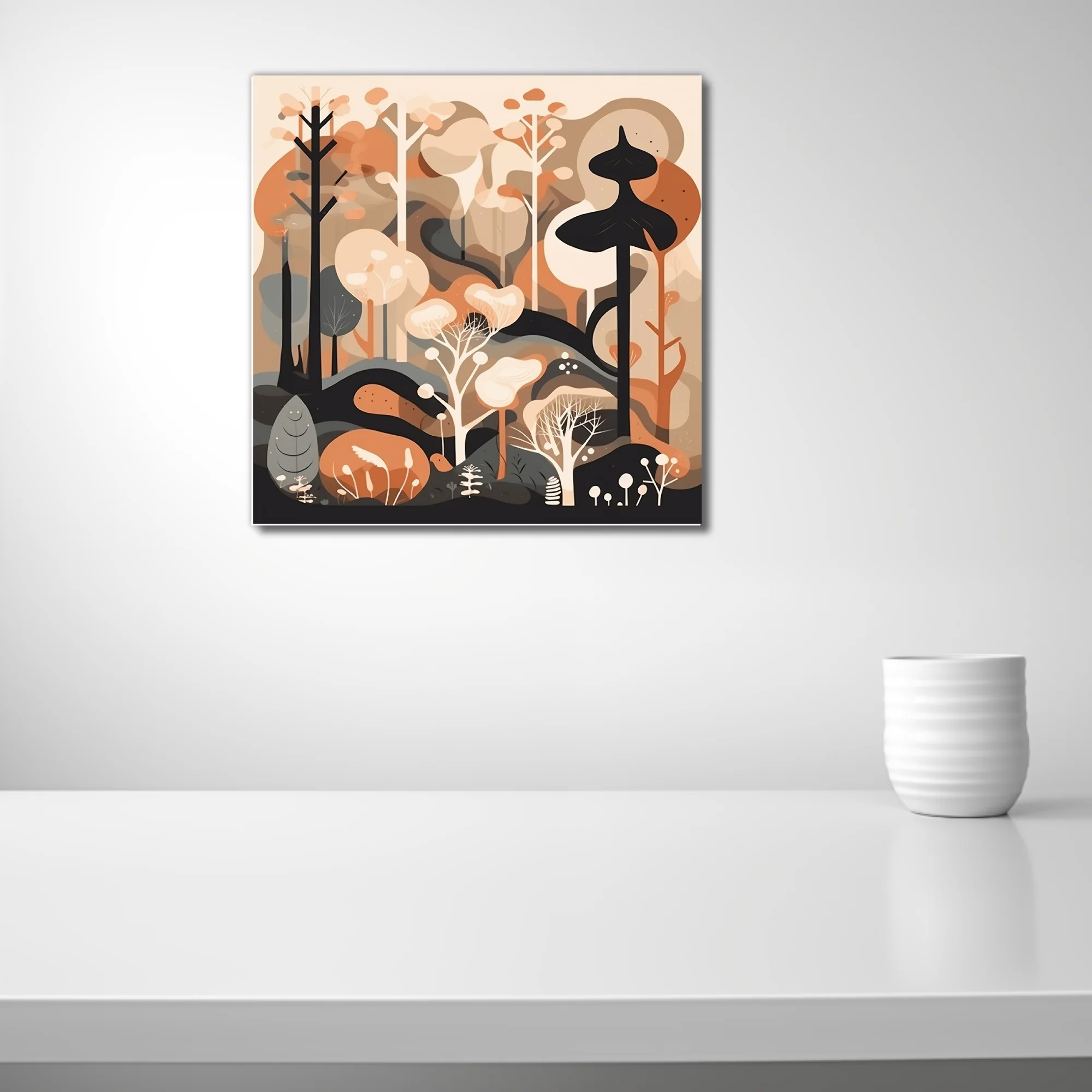 Mid-century modern abstract woodland illustration in warm terracotta and cream tones