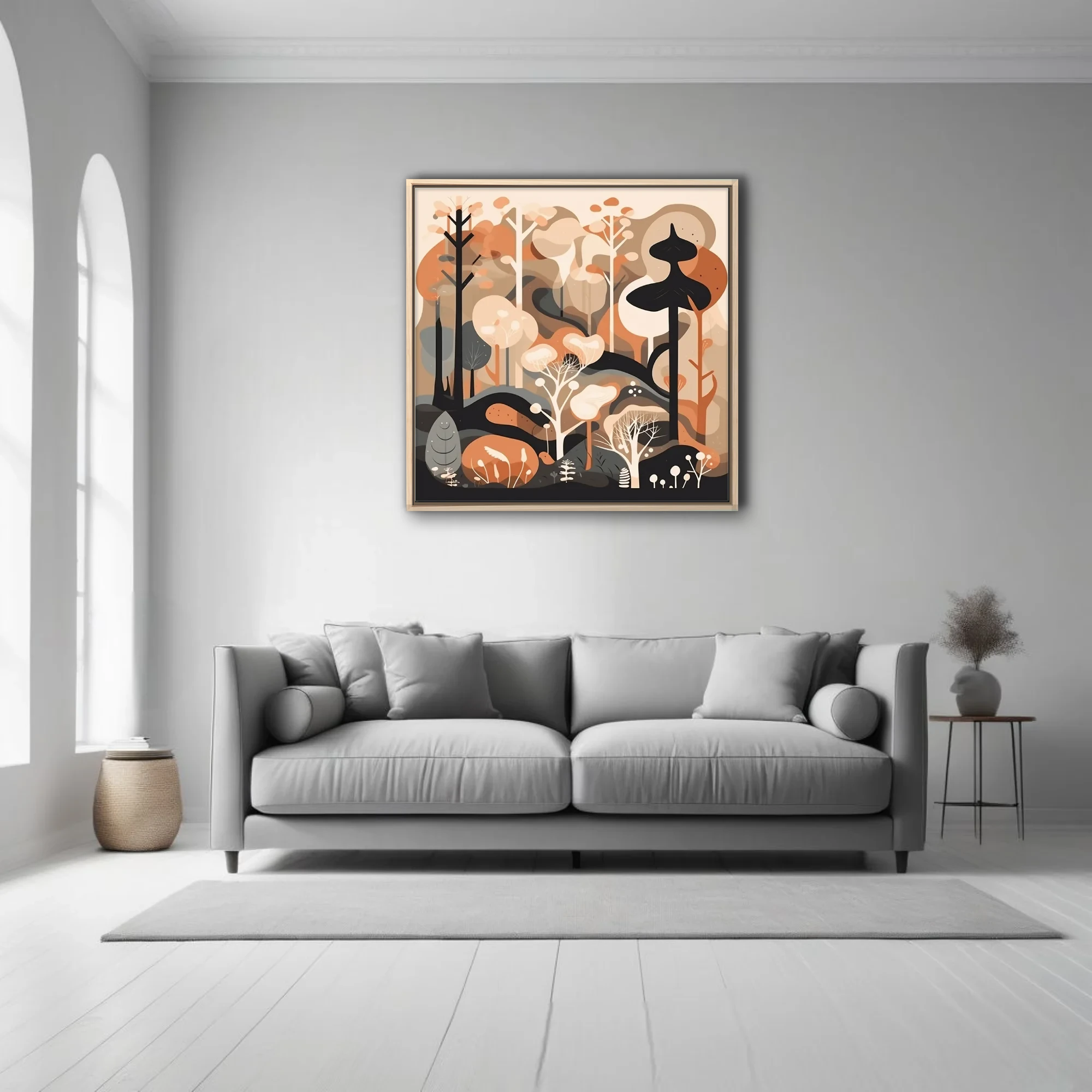 Mid-century modern abstract woodland illustration in warm terracotta and cream tones