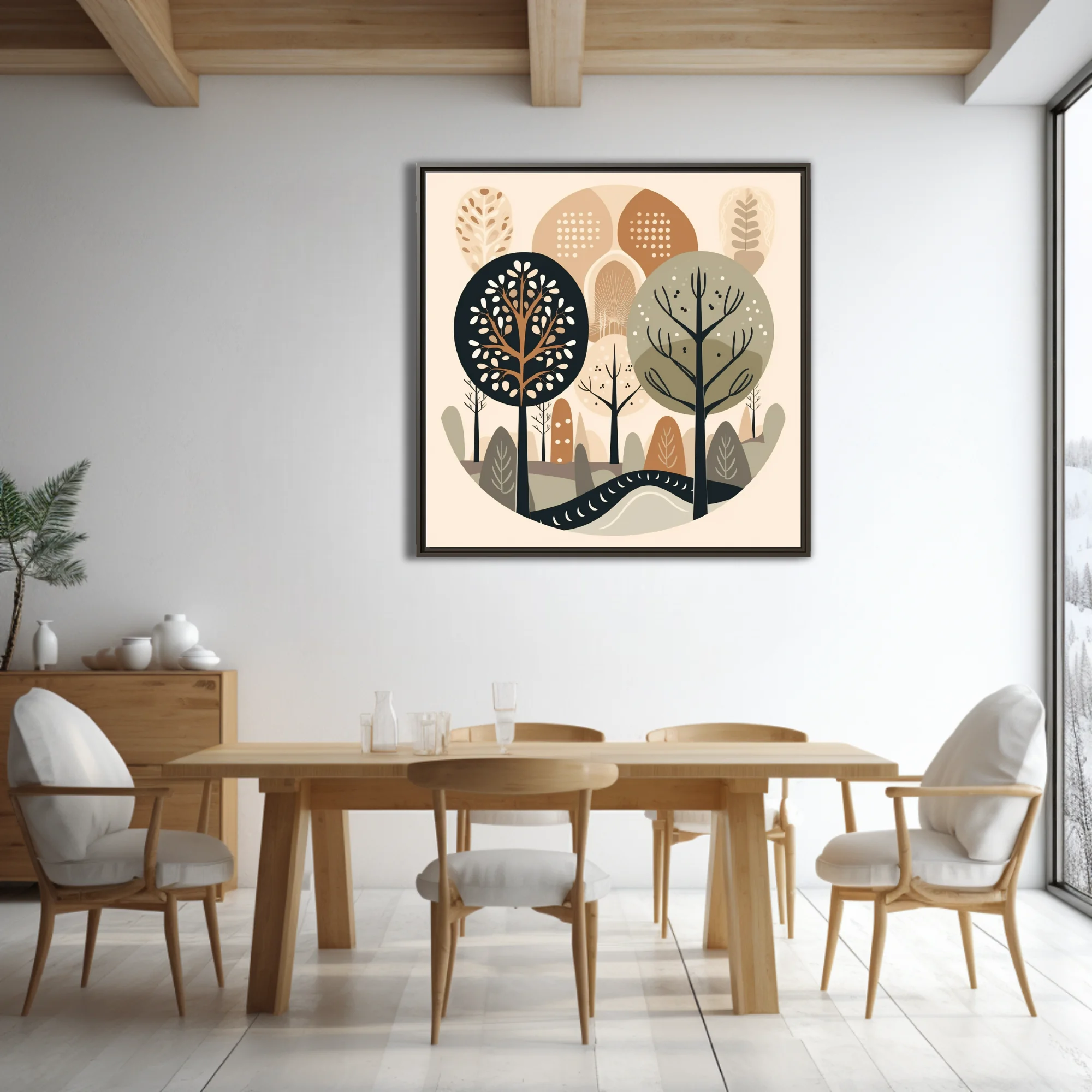 Scandinavian minimalist woodland illustration in earthy beige, taupe, and charcoal tones