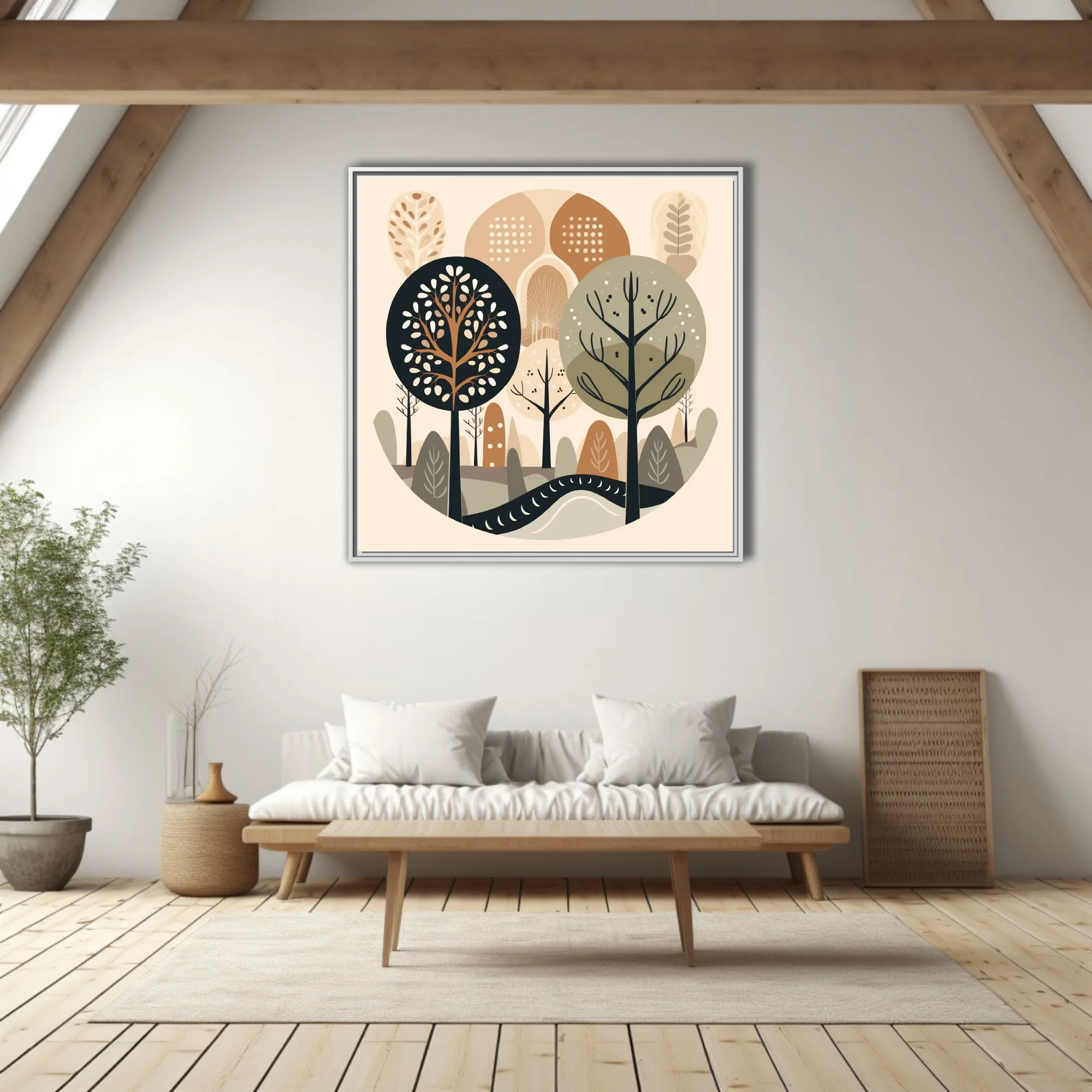Scandinavian minimalist woodland illustration in earthy beige, taupe, and charcoal tones