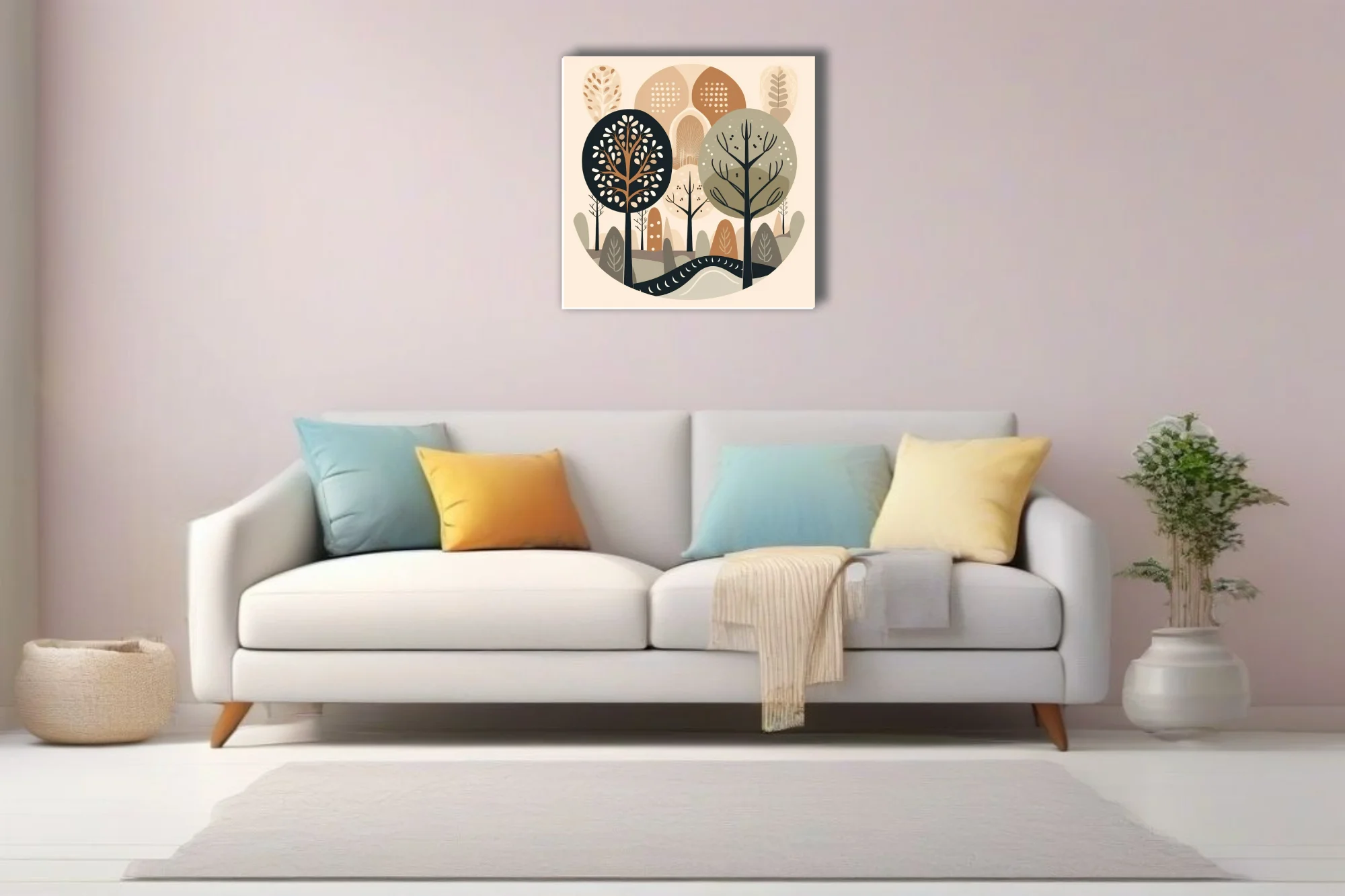 Scandinavian minimalist woodland illustration in earthy beige, taupe, and charcoal tones