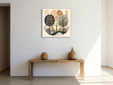 Scandinavian minimalist woodland illustration in earthy beige, taupe, and charcoal tones