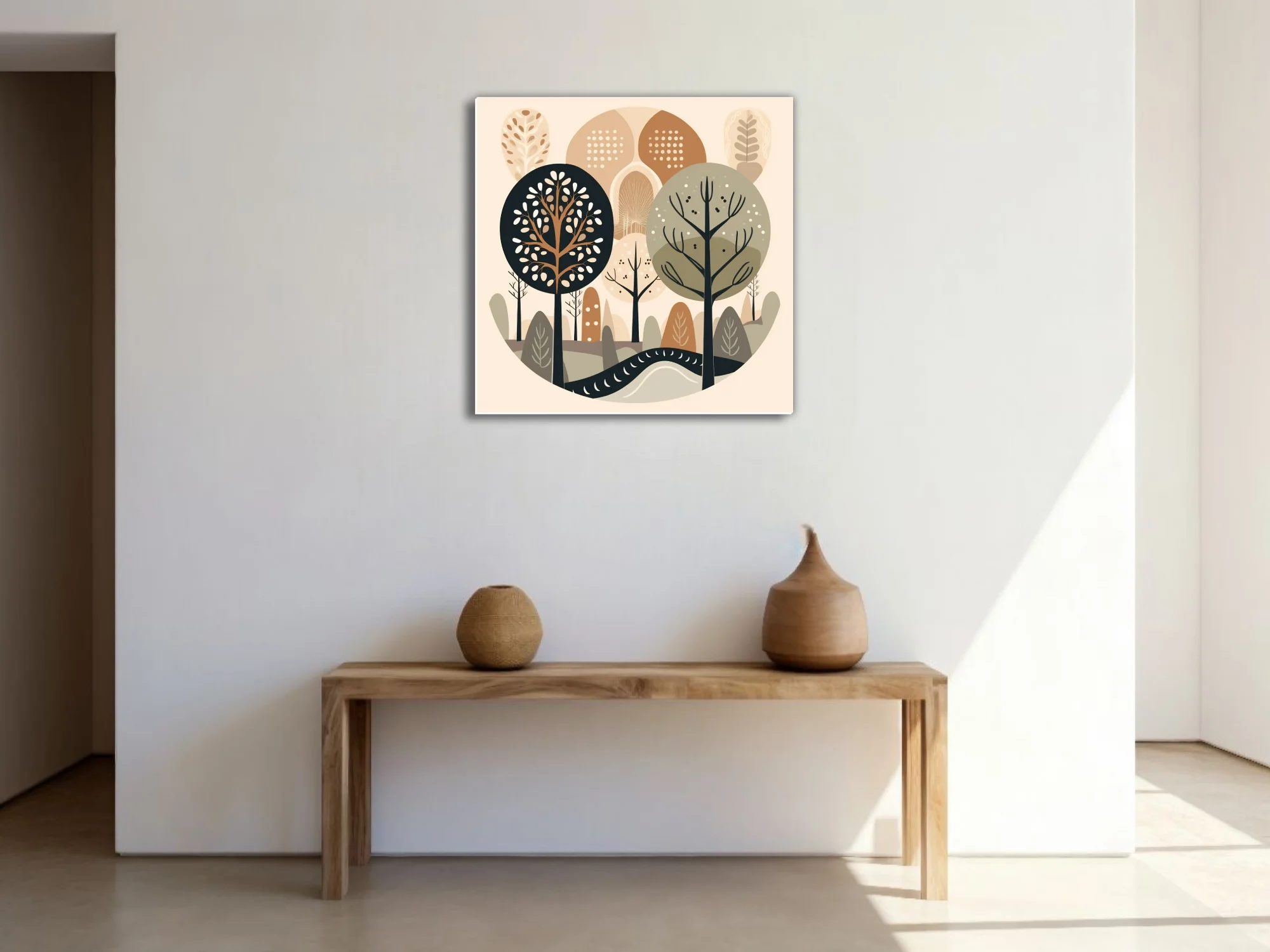 Scandinavian minimalist woodland illustration in earthy beige, taupe, and charcoal tones