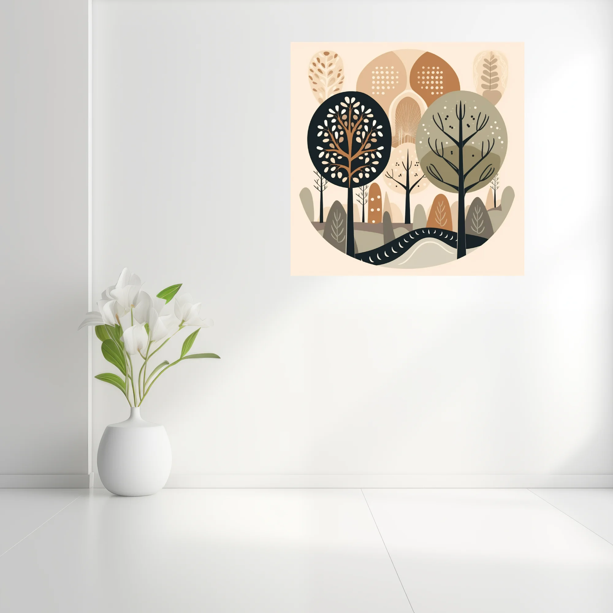 Scandinavian minimalist woodland illustration in earthy beige, taupe, and charcoal tones