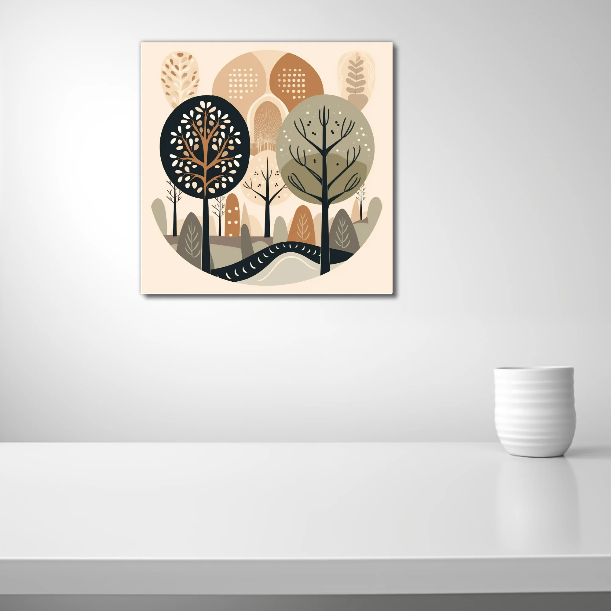 Scandinavian minimalist woodland illustration in earthy beige, taupe, and charcoal tones