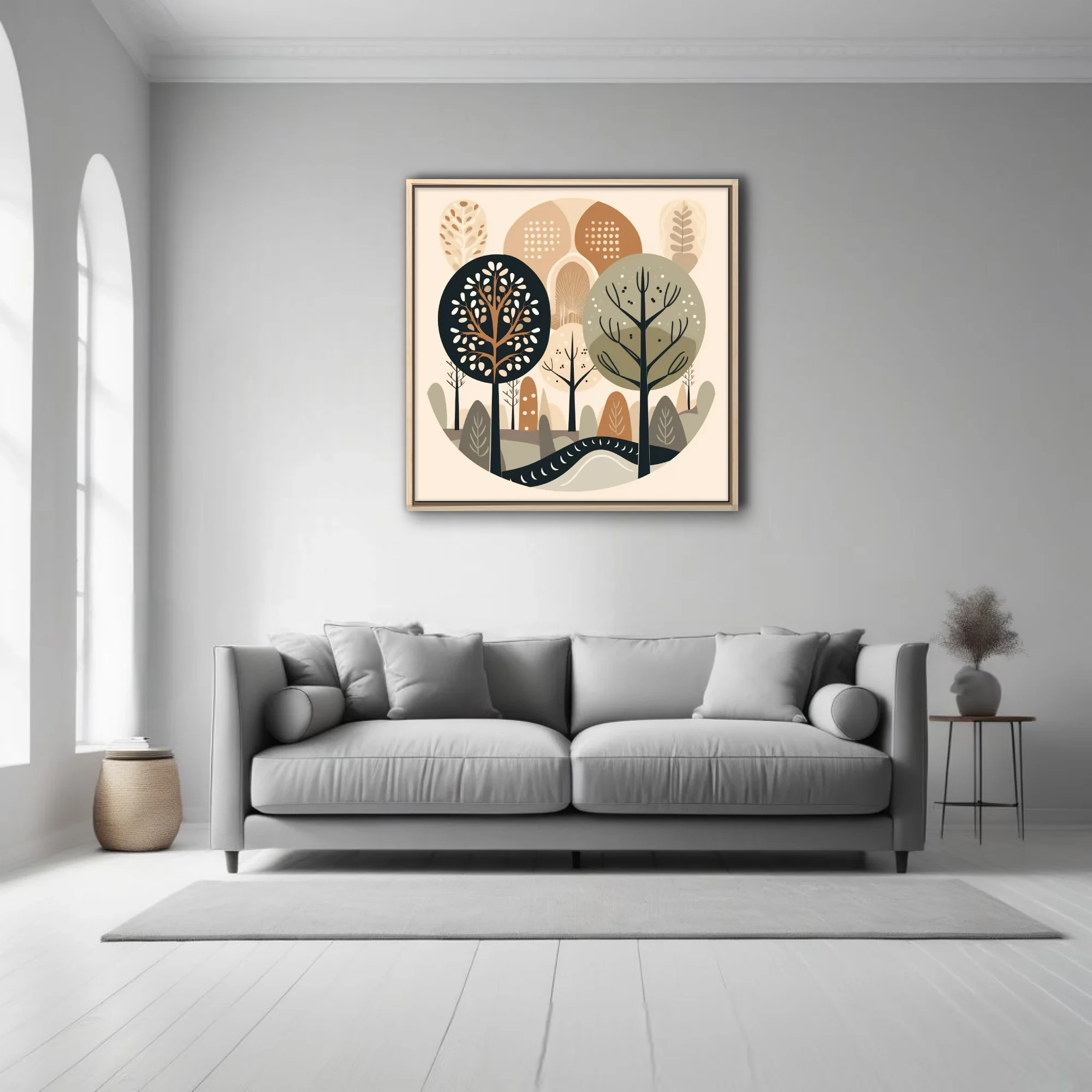 Scandinavian minimalist woodland illustration in earthy beige, taupe, and charcoal tones
