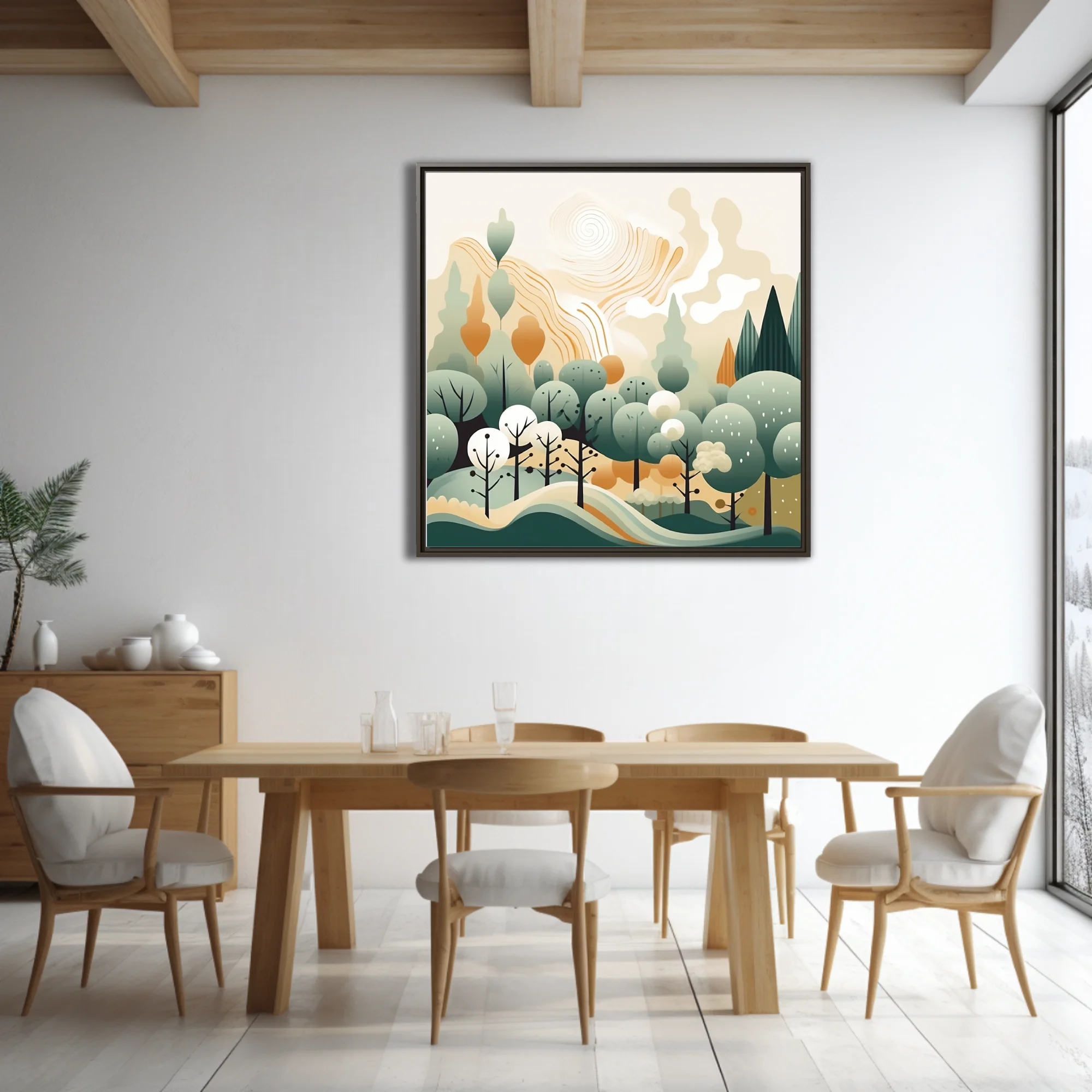 Boho abstract woodland illustration with sage green trees and warm amber tones