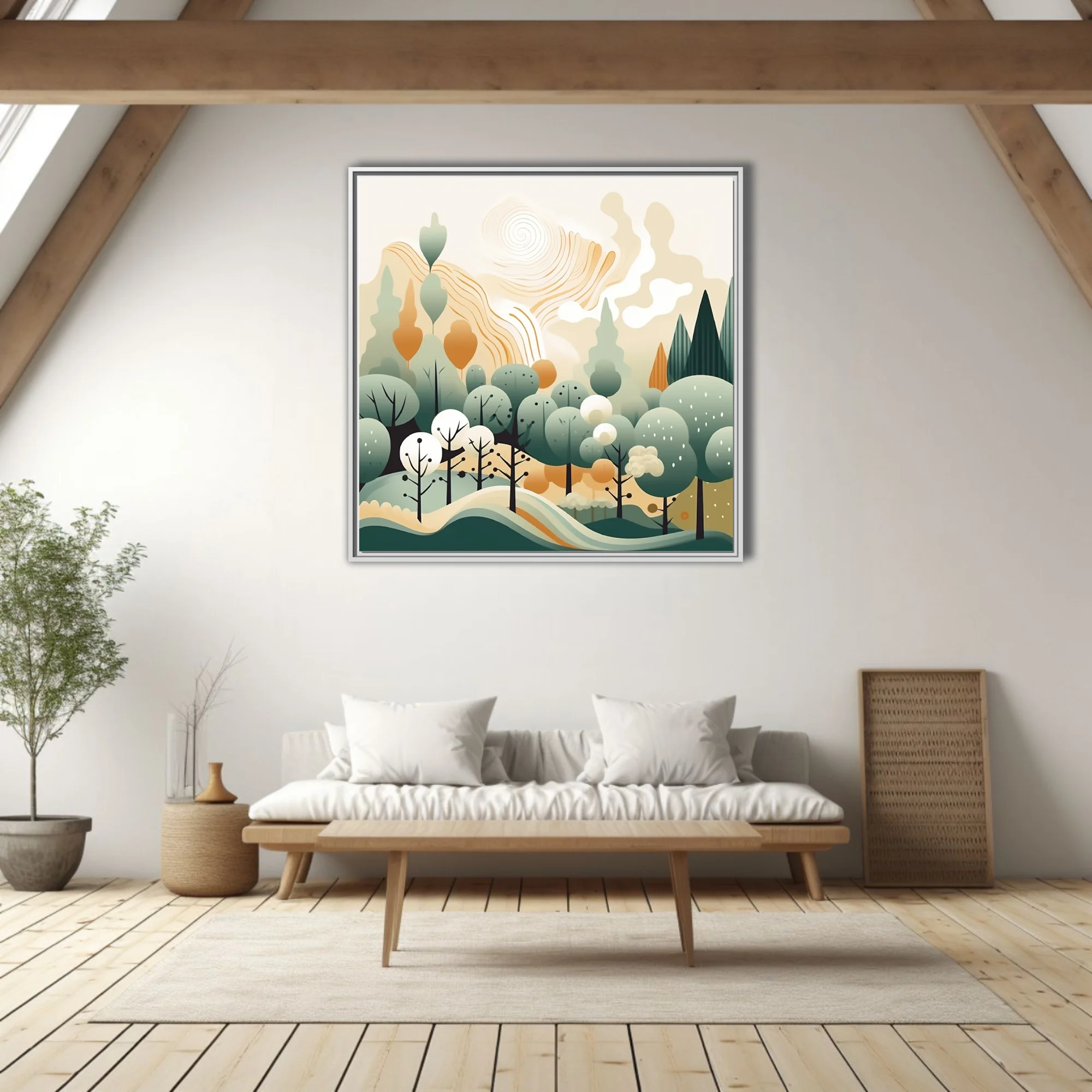 Boho abstract woodland illustration with sage green trees and warm amber tones