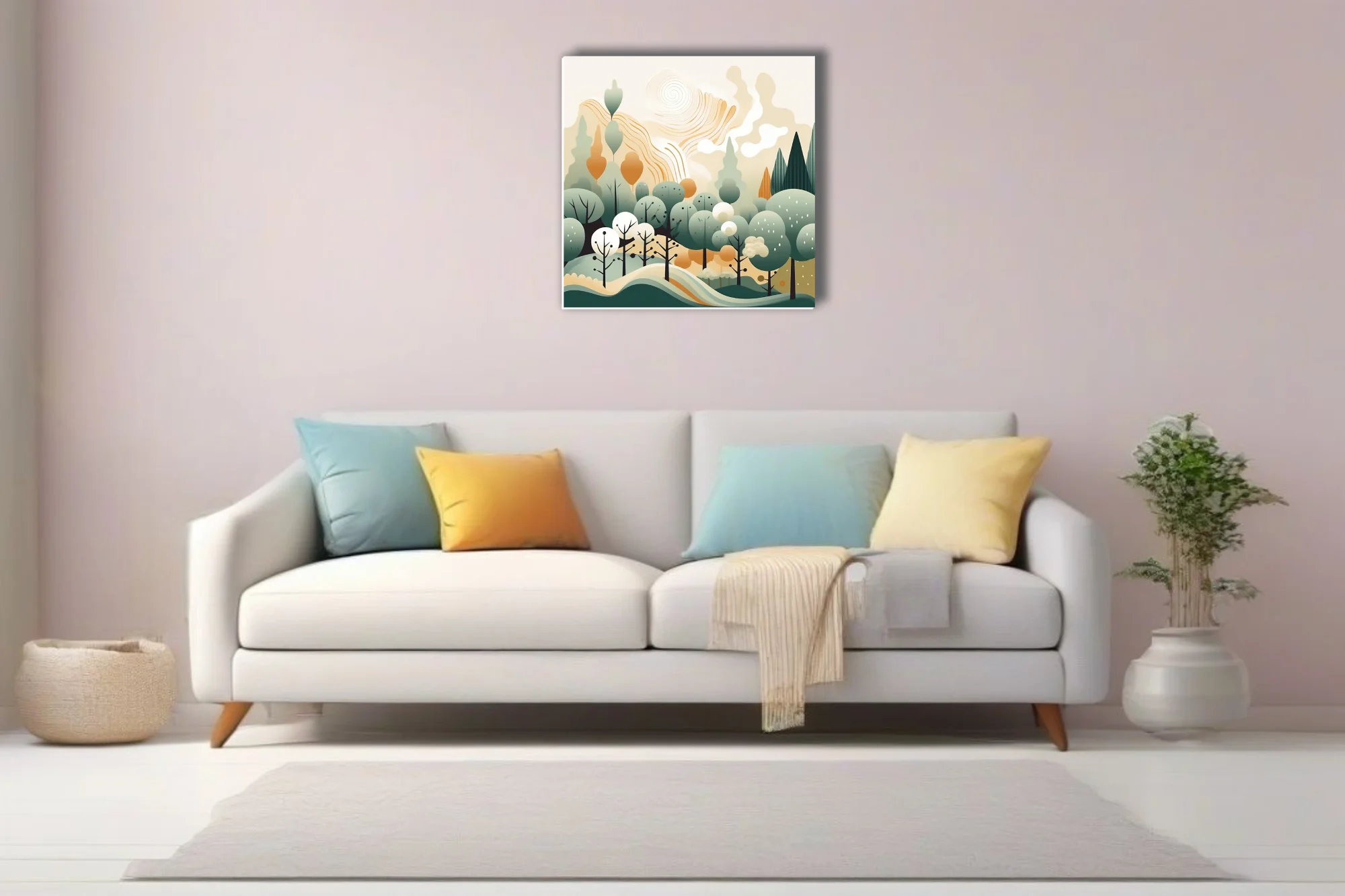 Boho abstract woodland illustration with sage green trees and warm amber tones