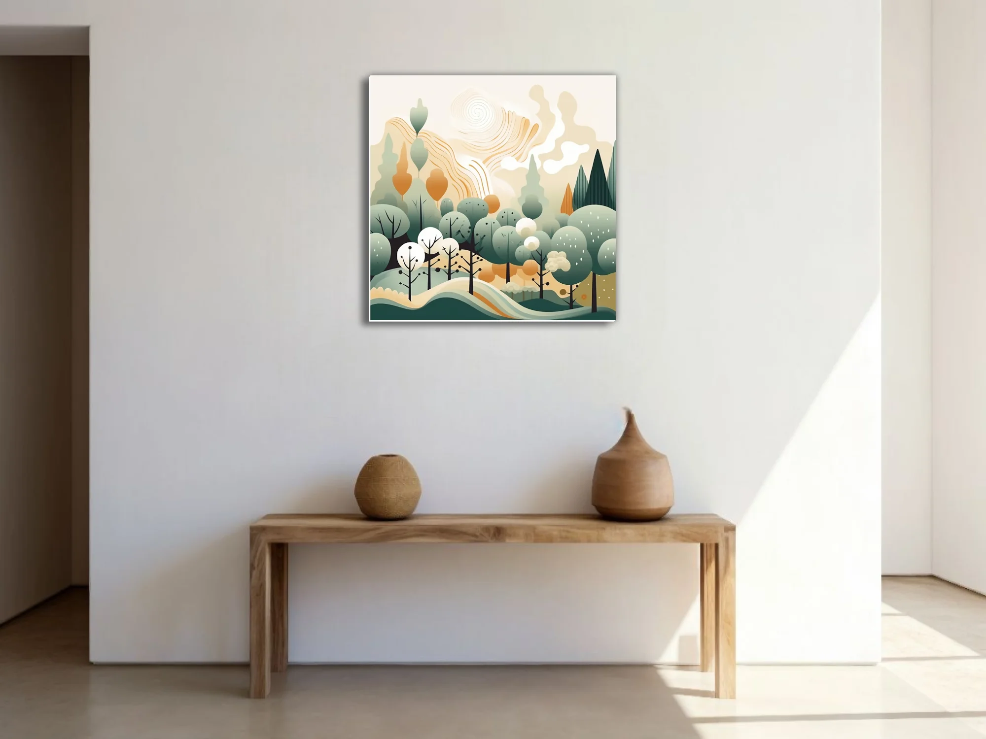 Boho abstract woodland illustration with sage green trees and warm amber tones