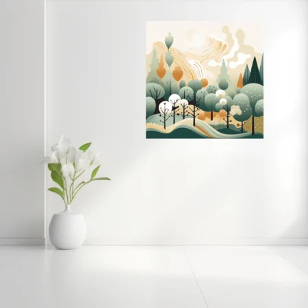 Boho abstract woodland illustration with sage green trees and warm amber tones