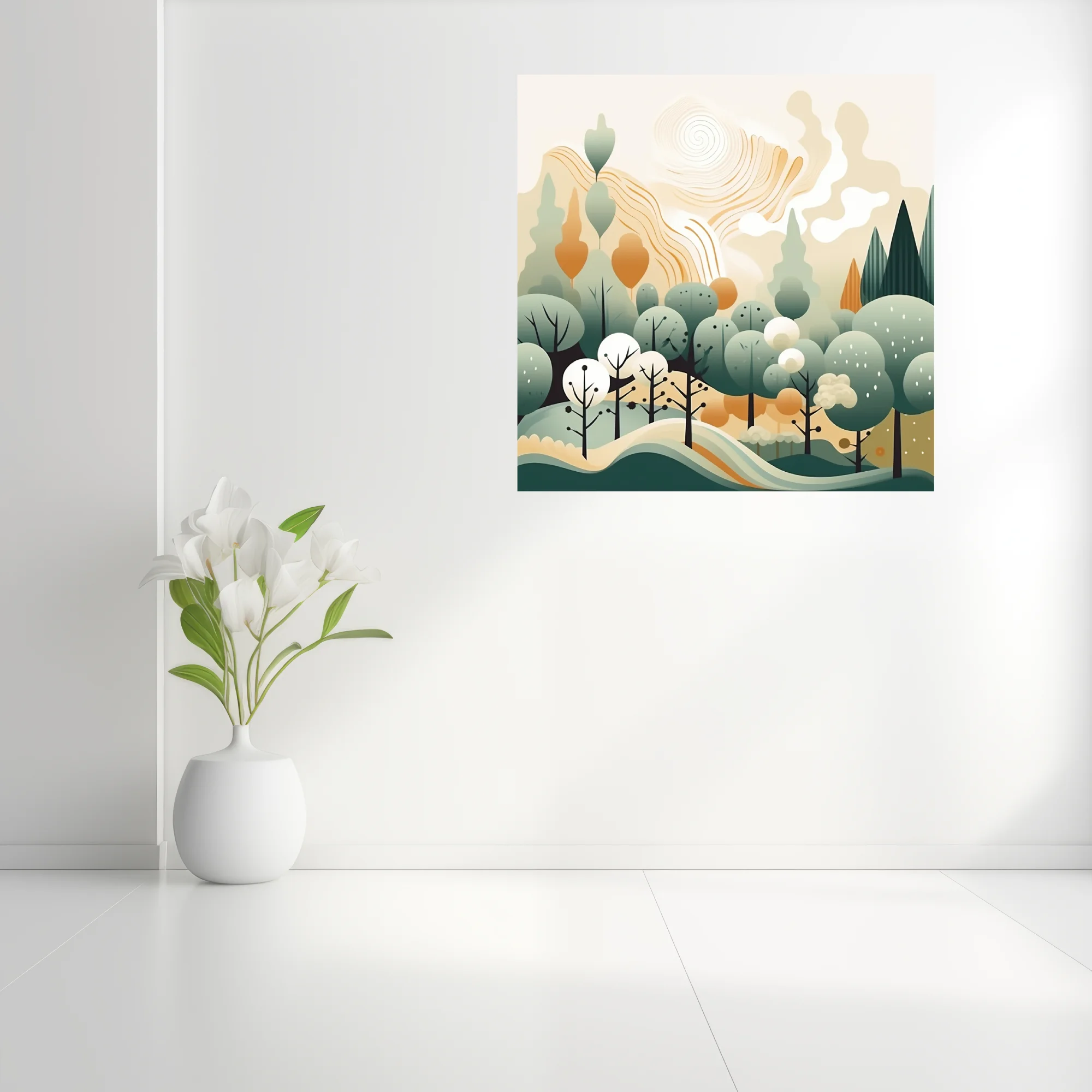 Boho abstract woodland illustration with sage green trees and warm amber tones