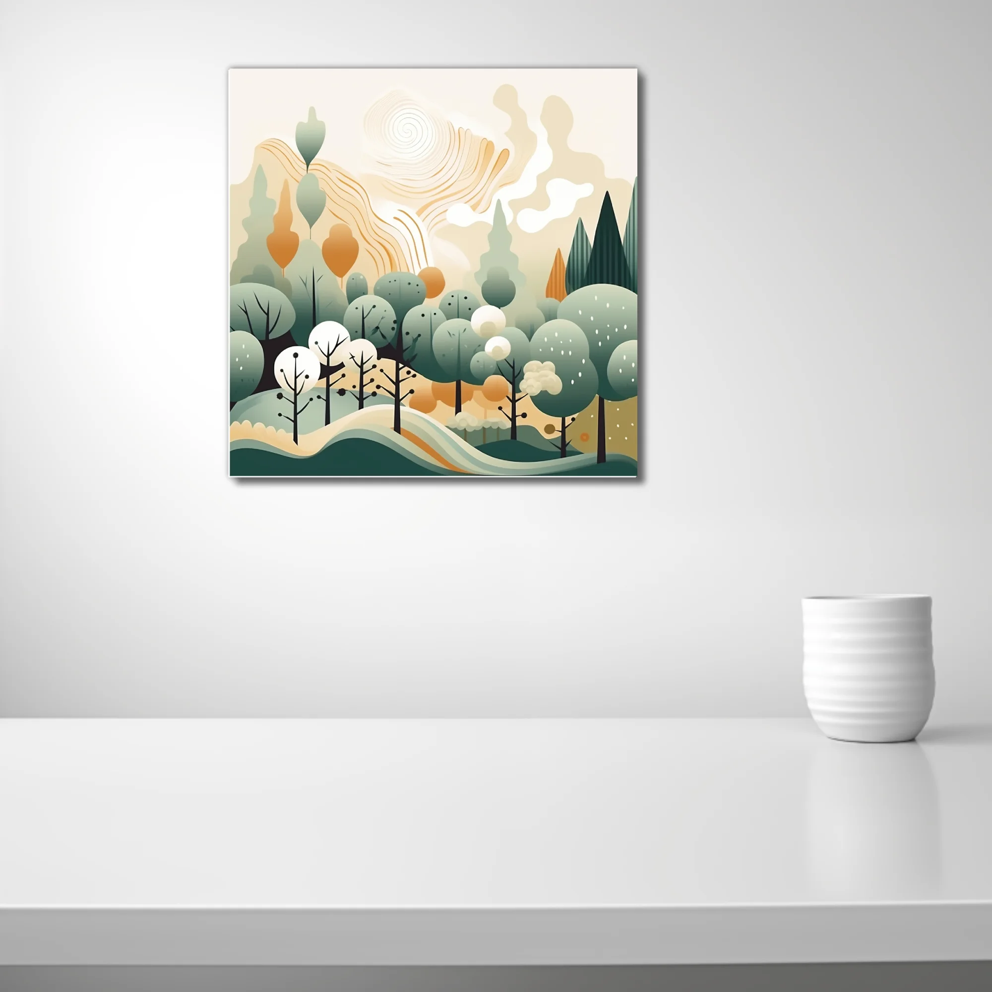 Boho abstract woodland illustration with sage green trees and warm amber tones