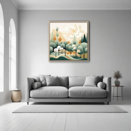 Boho abstract woodland illustration with sage green trees and warm amber tones