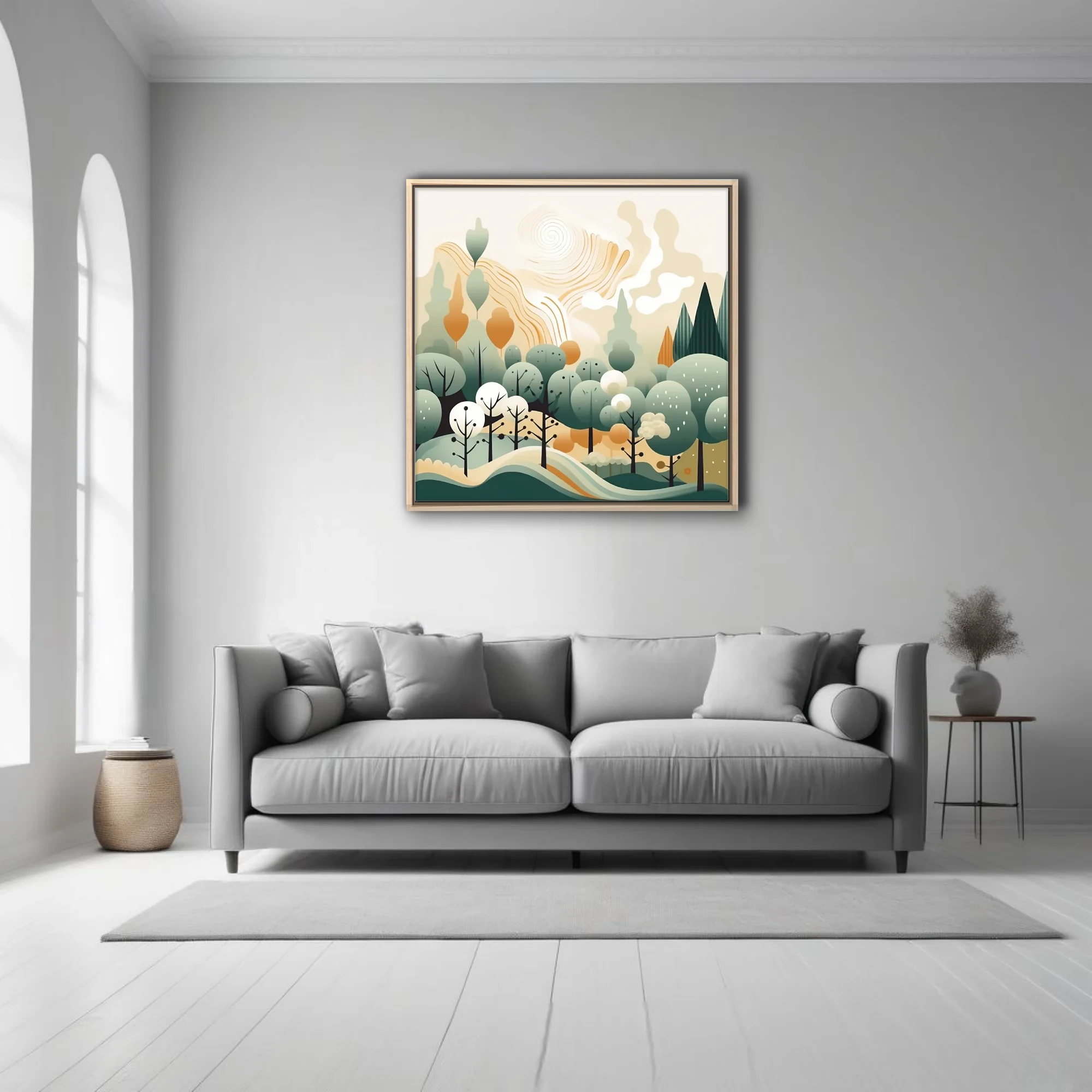 Boho abstract woodland illustration with sage green trees and warm amber tones