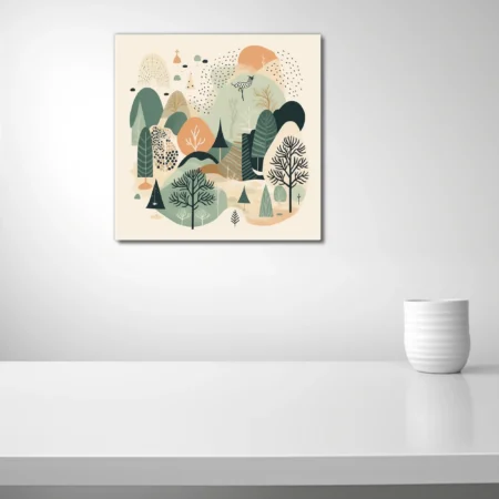 Scandinavian folk-style woodland illustration, sage green and terracotta, stylized trees and hills