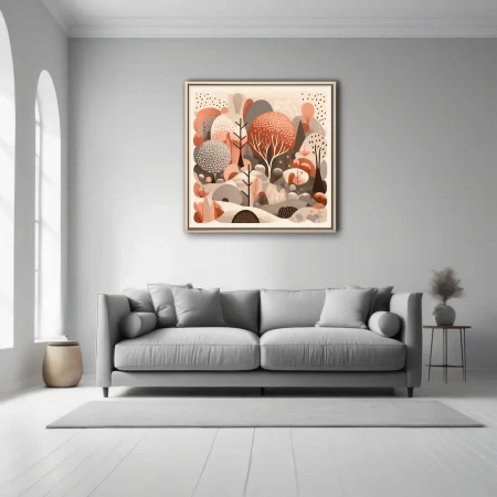 Boho abstract woodland illustration in terracotta, blush, and taupe with patterned tree canopies