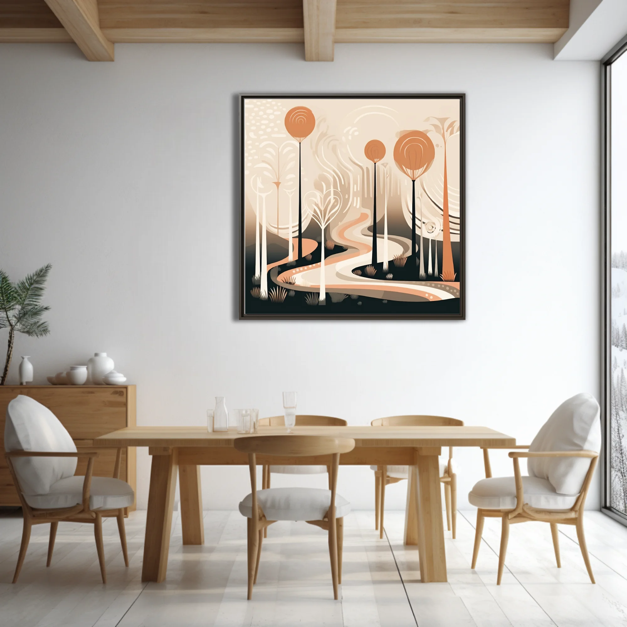 Boho abstract woodland illustration with terracotta tones and winding path