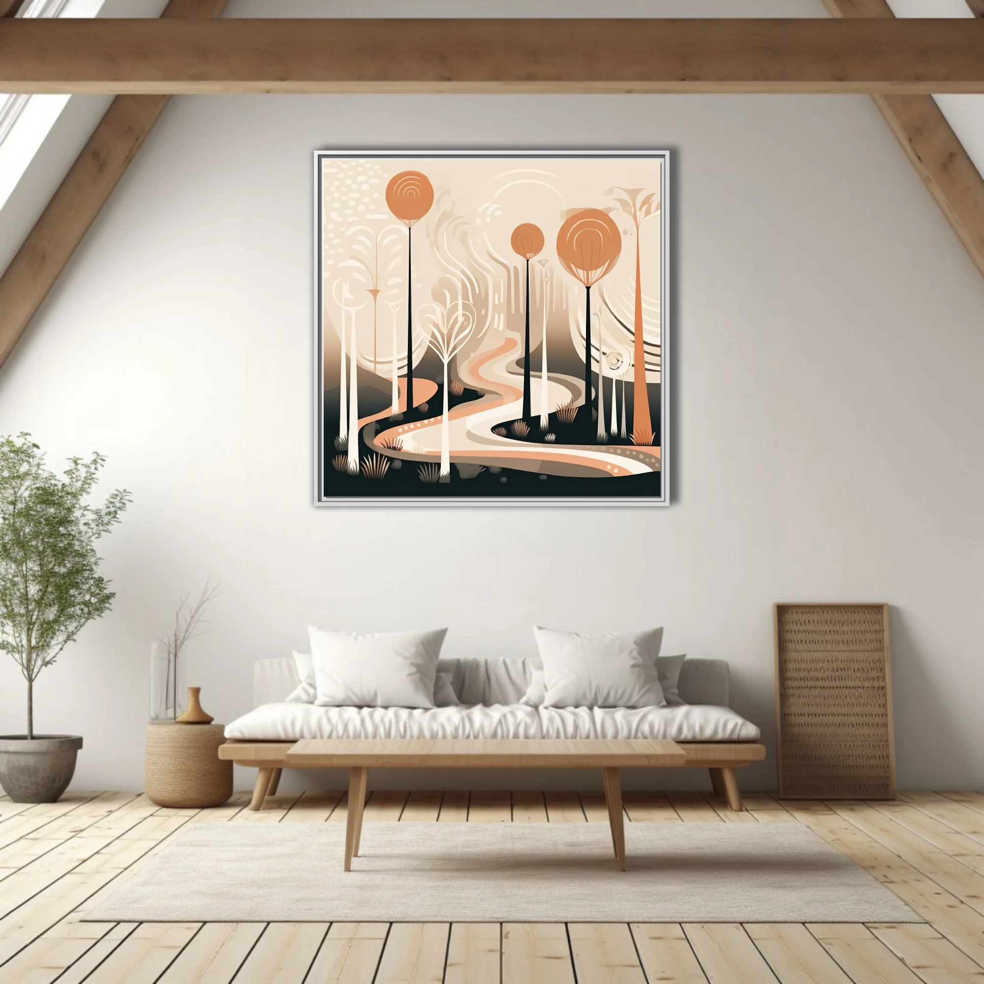 Boho abstract woodland illustration with terracotta tones and winding path