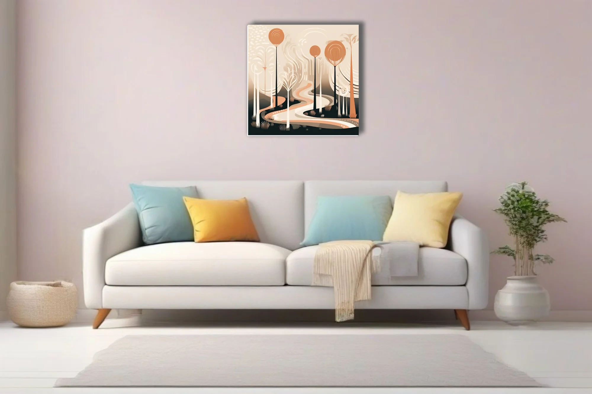 Boho abstract woodland illustration with terracotta tones and winding path