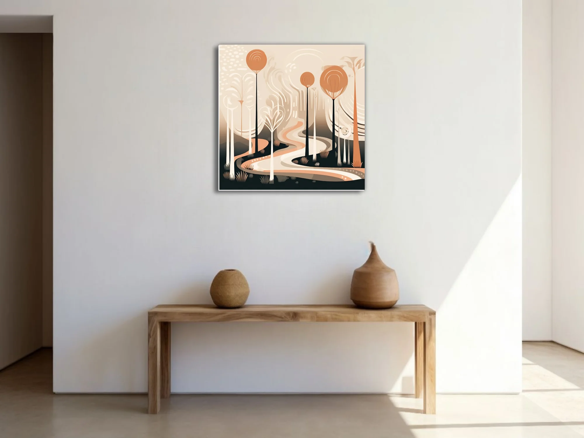 Boho abstract woodland illustration with terracotta tones and winding path