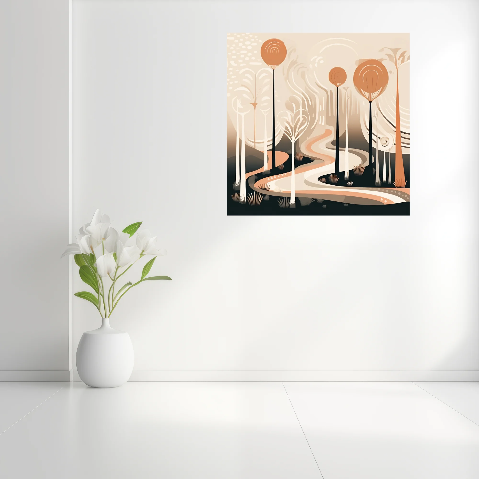 Boho abstract woodland illustration with terracotta tones and winding path