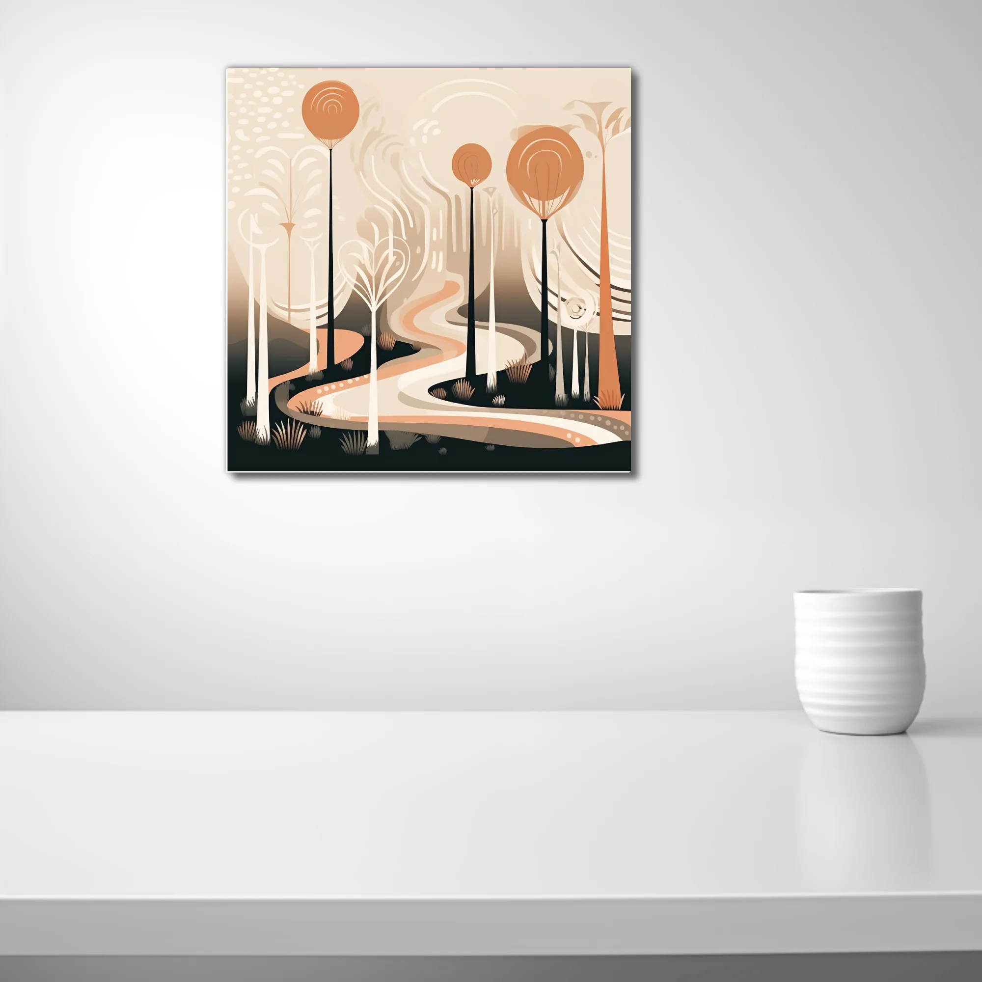 Boho abstract woodland illustration with terracotta tones and winding path