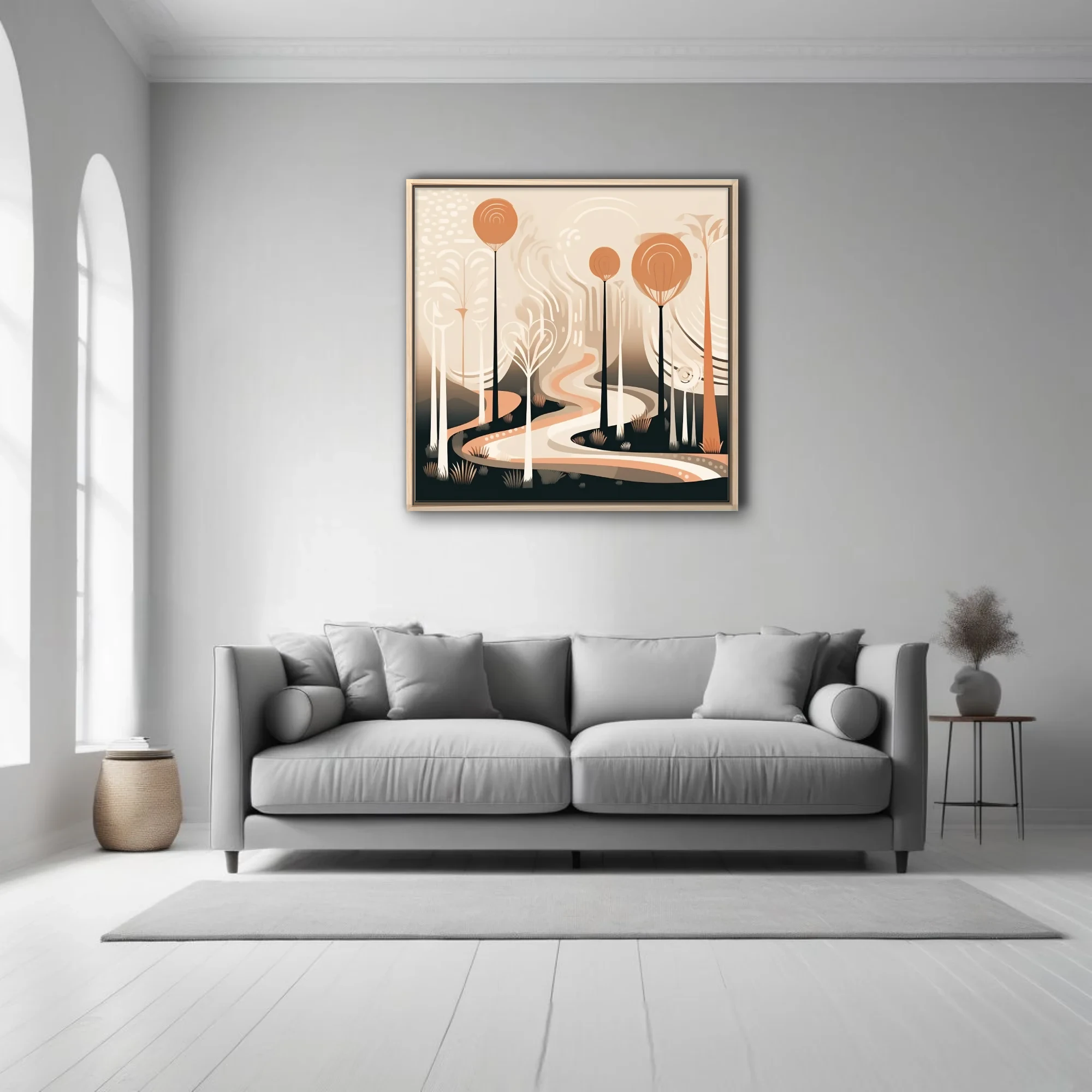 Boho abstract woodland illustration with terracotta tones and winding path