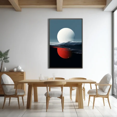 Minimalist dreamlike celestial landscape, white orb reflected as red sphere across dark water