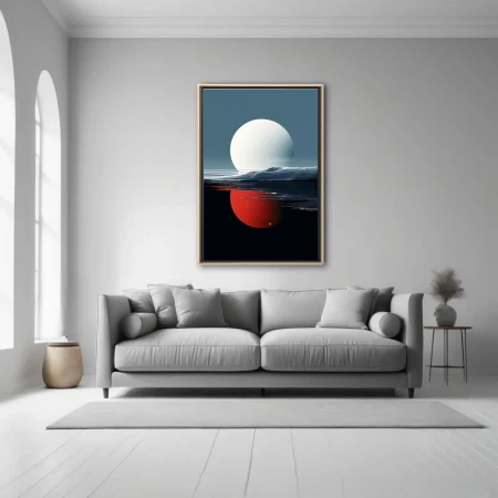 Minimalist dreamlike celestial landscape, white orb reflected as red sphere across dark water