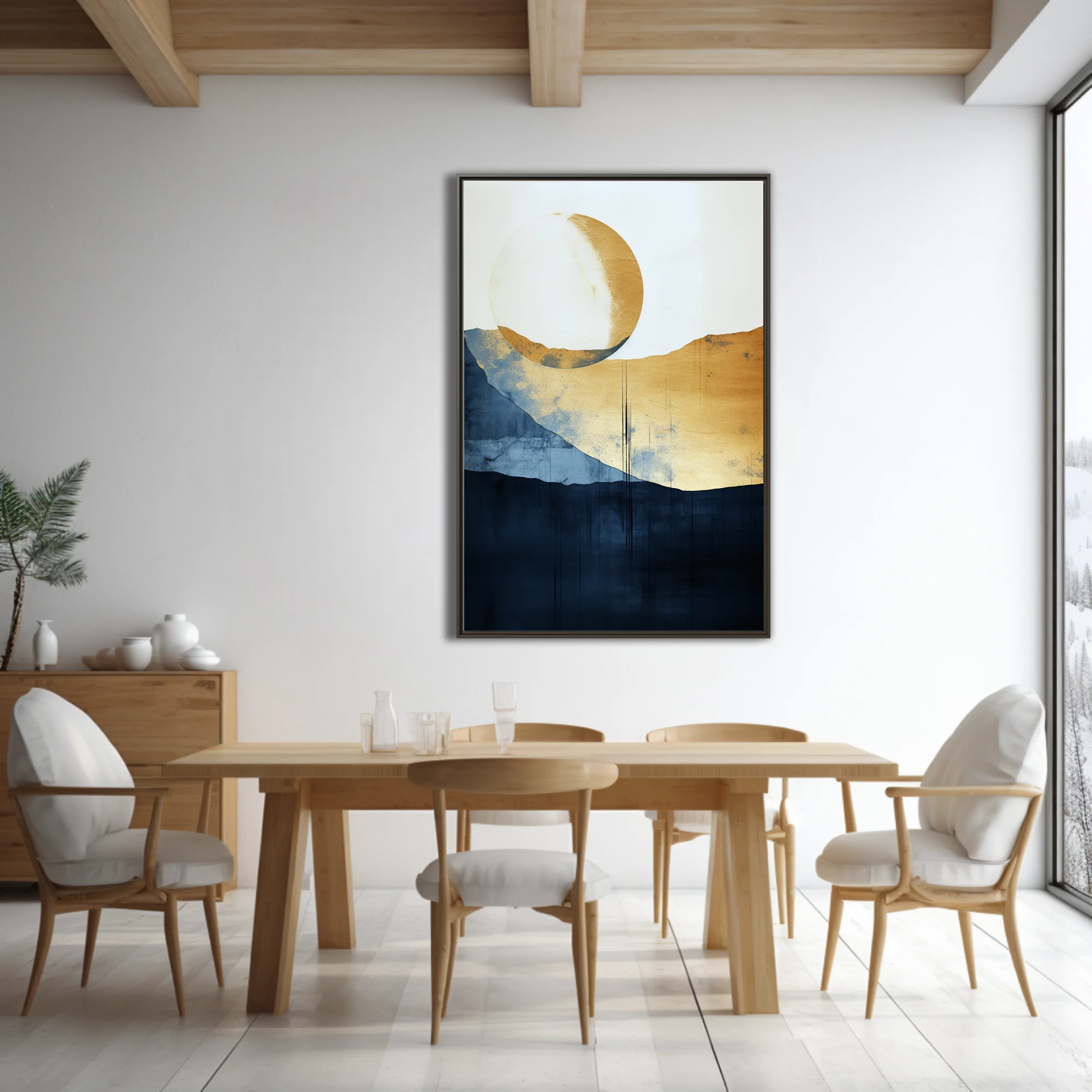 Serene minimalist abstract landscape with gold celestial orb, navy and indigo watercolor-style washes
