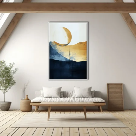 Serene minimalist abstract landscape with gold celestial orb, navy and indigo watercolor-style washes