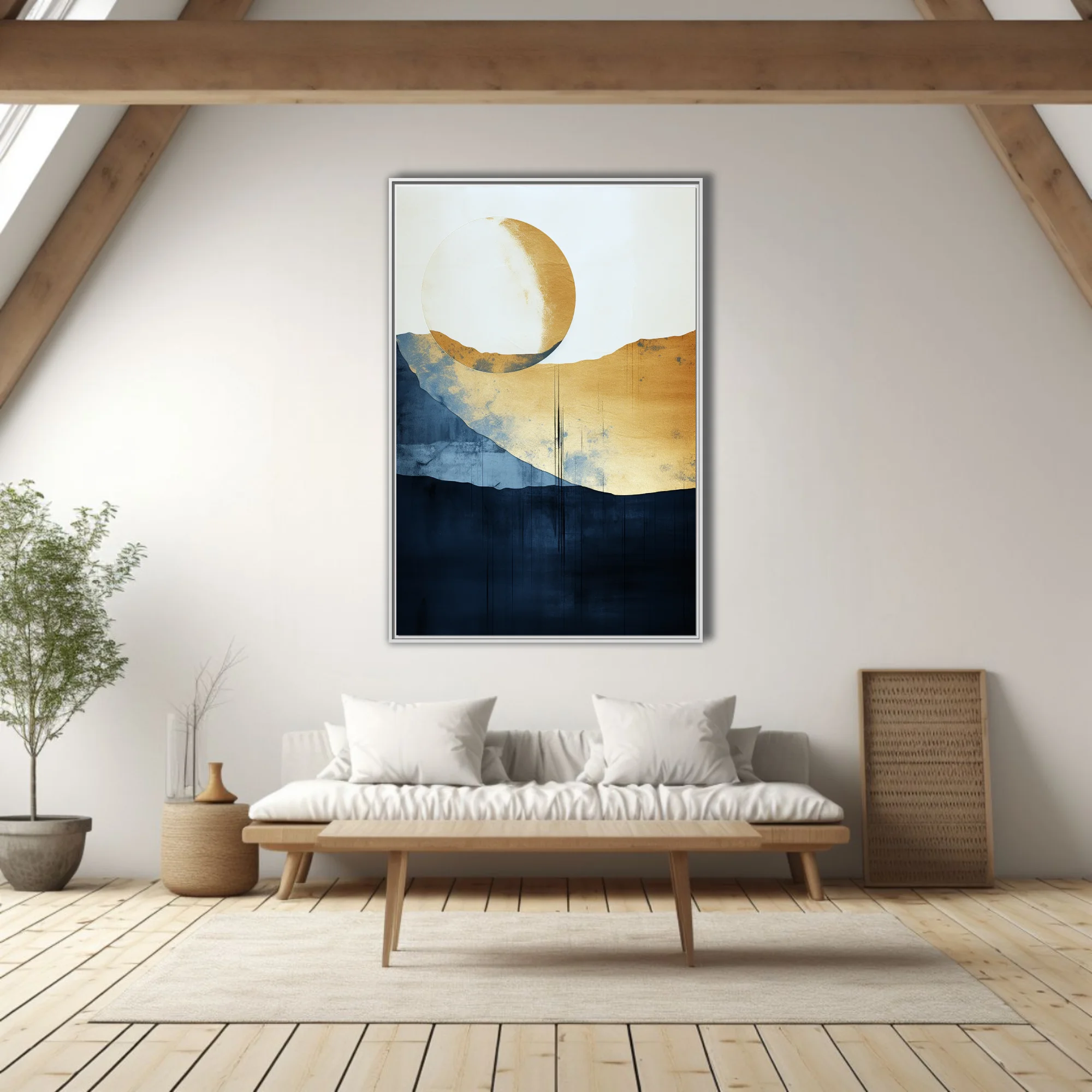 Serene minimalist abstract landscape with gold celestial orb, navy and indigo watercolor-style washes