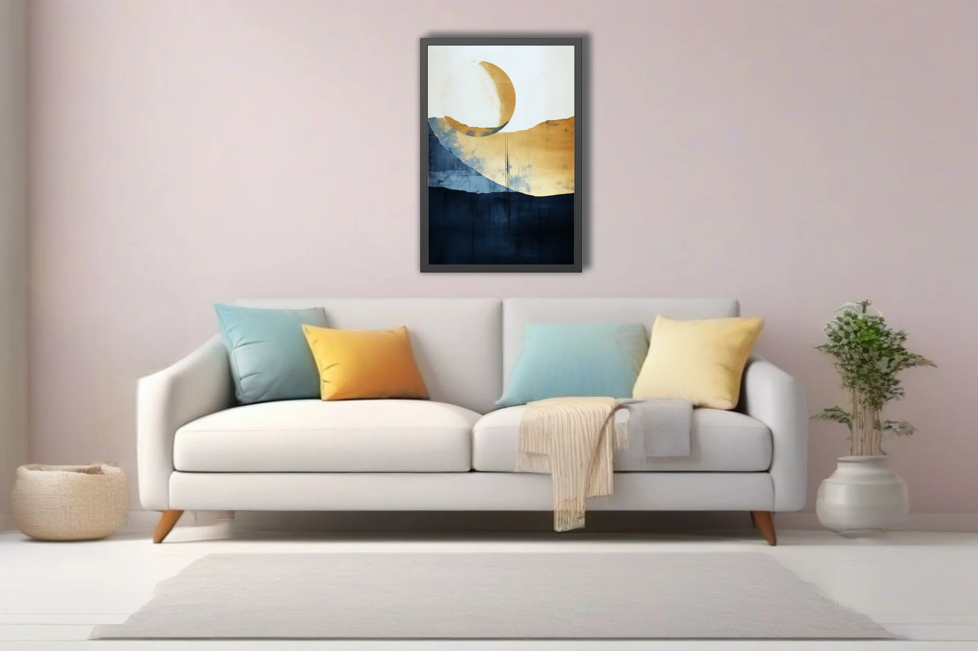 Serene minimalist abstract landscape with gold celestial orb, navy and indigo watercolor-style washes