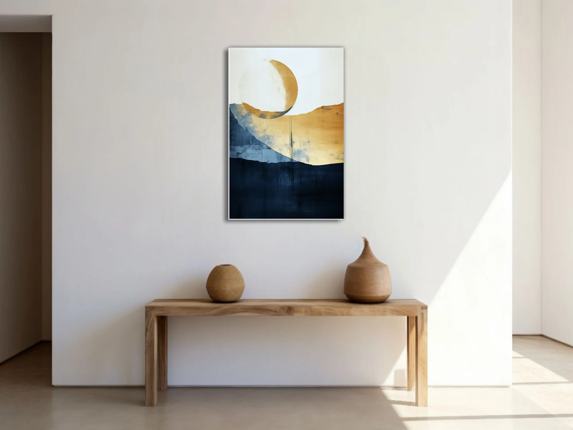 Serene minimalist abstract landscape with gold celestial orb, navy and indigo watercolor-style washes