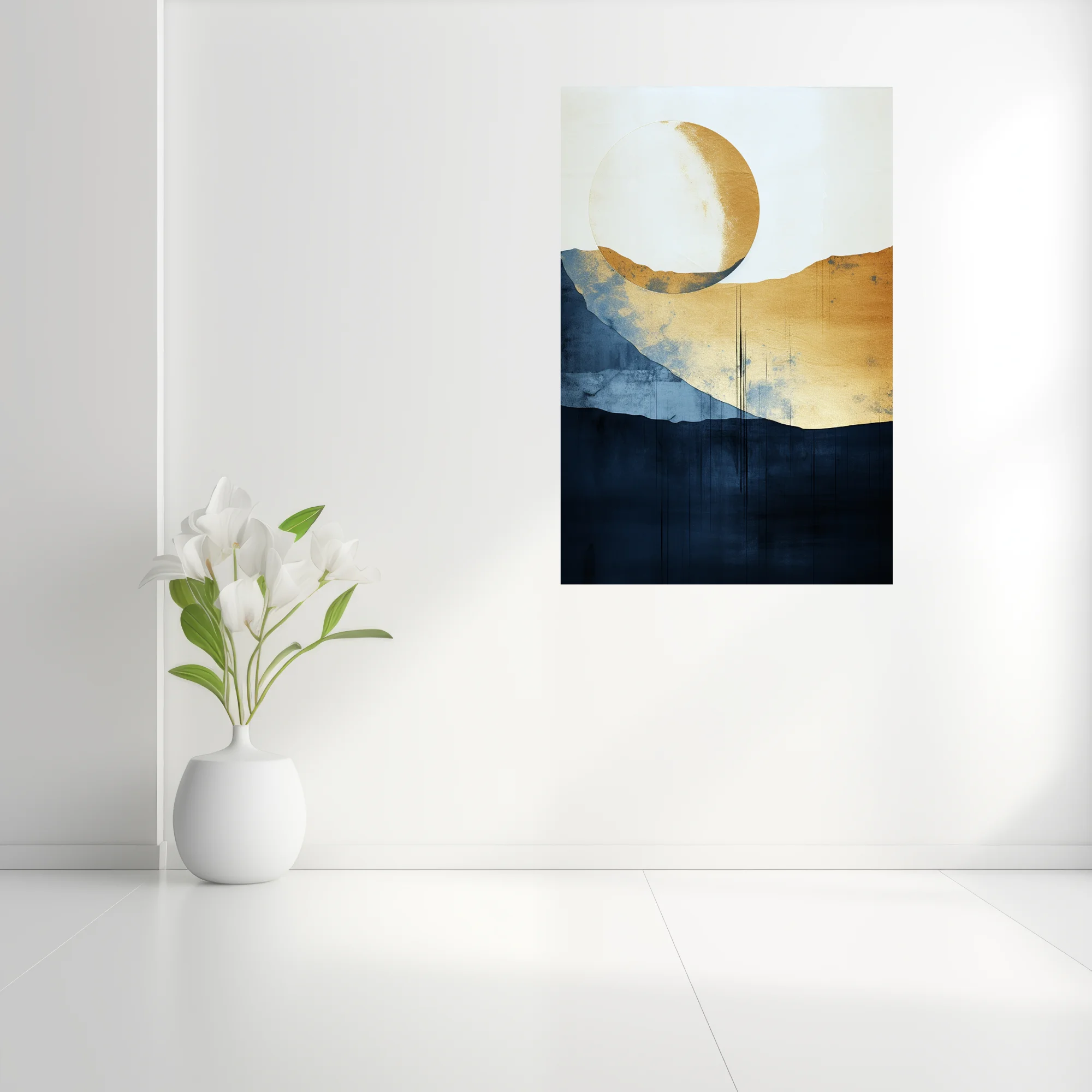 Serene minimalist abstract landscape with gold celestial orb, navy and indigo watercolor-style washes