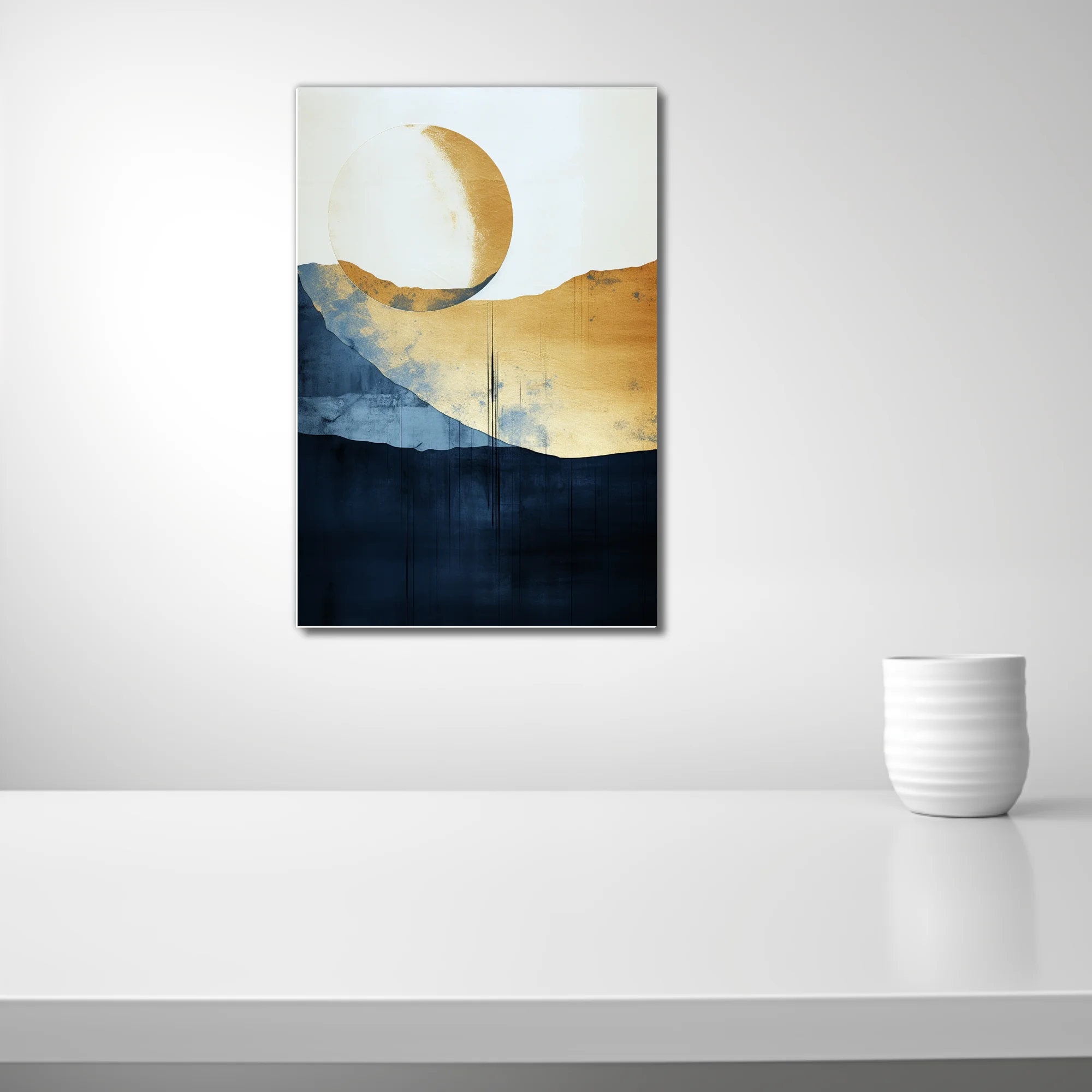 Serene minimalist abstract landscape with gold celestial orb, navy and indigo watercolor-style washes