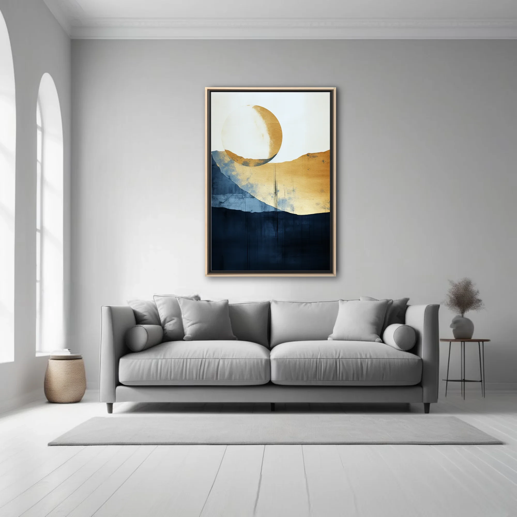 Serene minimalist abstract landscape with gold celestial orb, navy and indigo watercolor-style washes
