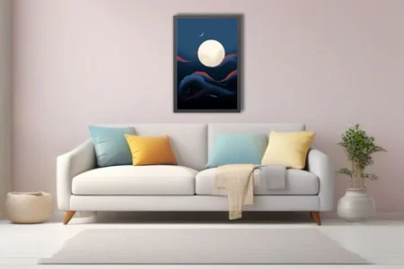Chinese ink-style night sky with glowing moon, deep blue clouds, and red accents