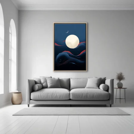 Chinese ink-style night sky with glowing moon, deep blue clouds, and red accents