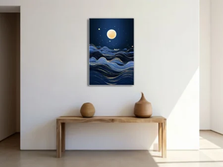 Minimalist navy ocean waves with gold lines and glowing moon — abstract night seascape