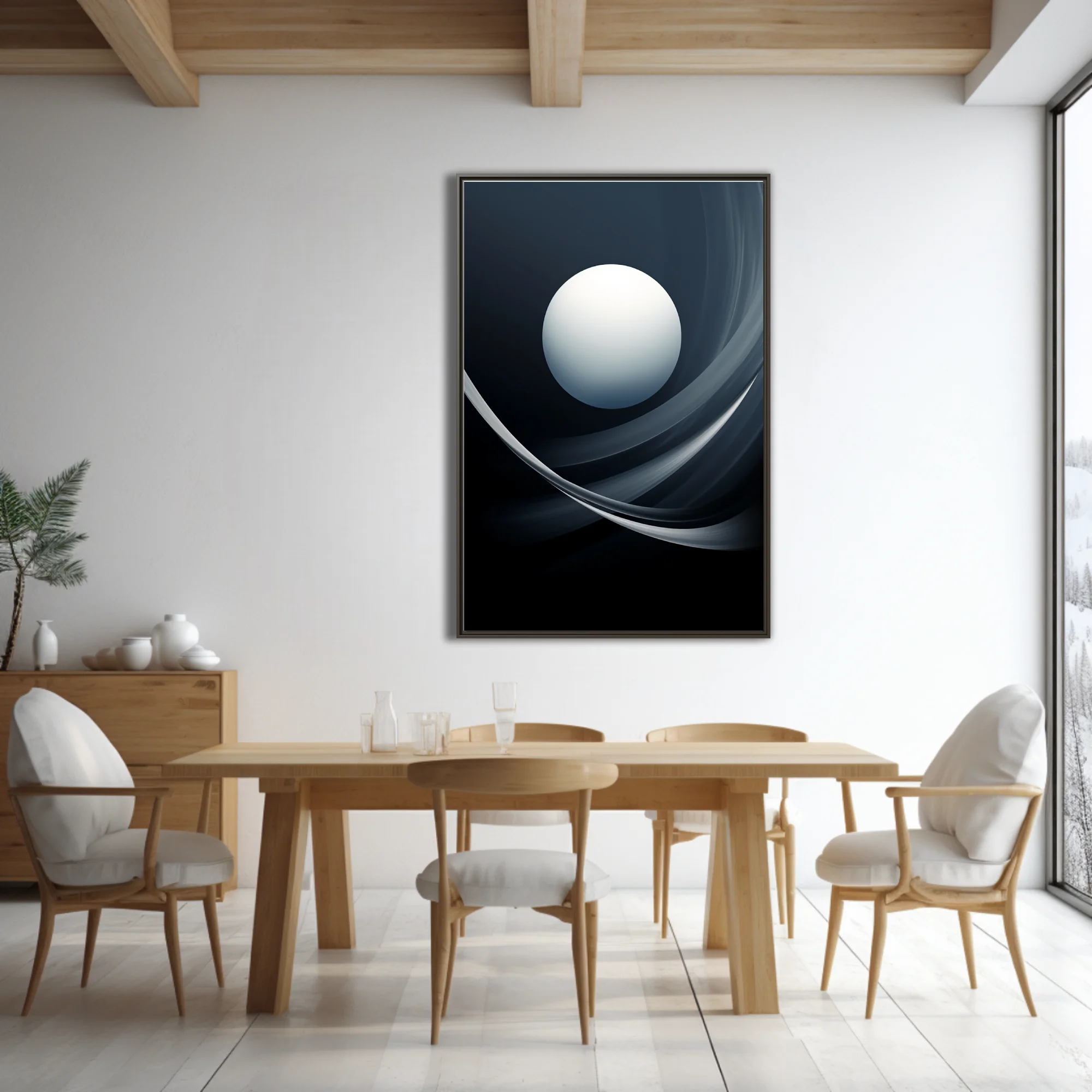 Minimalist abstract celestial sphere with sweeping dark curves, monochromatic cool tones